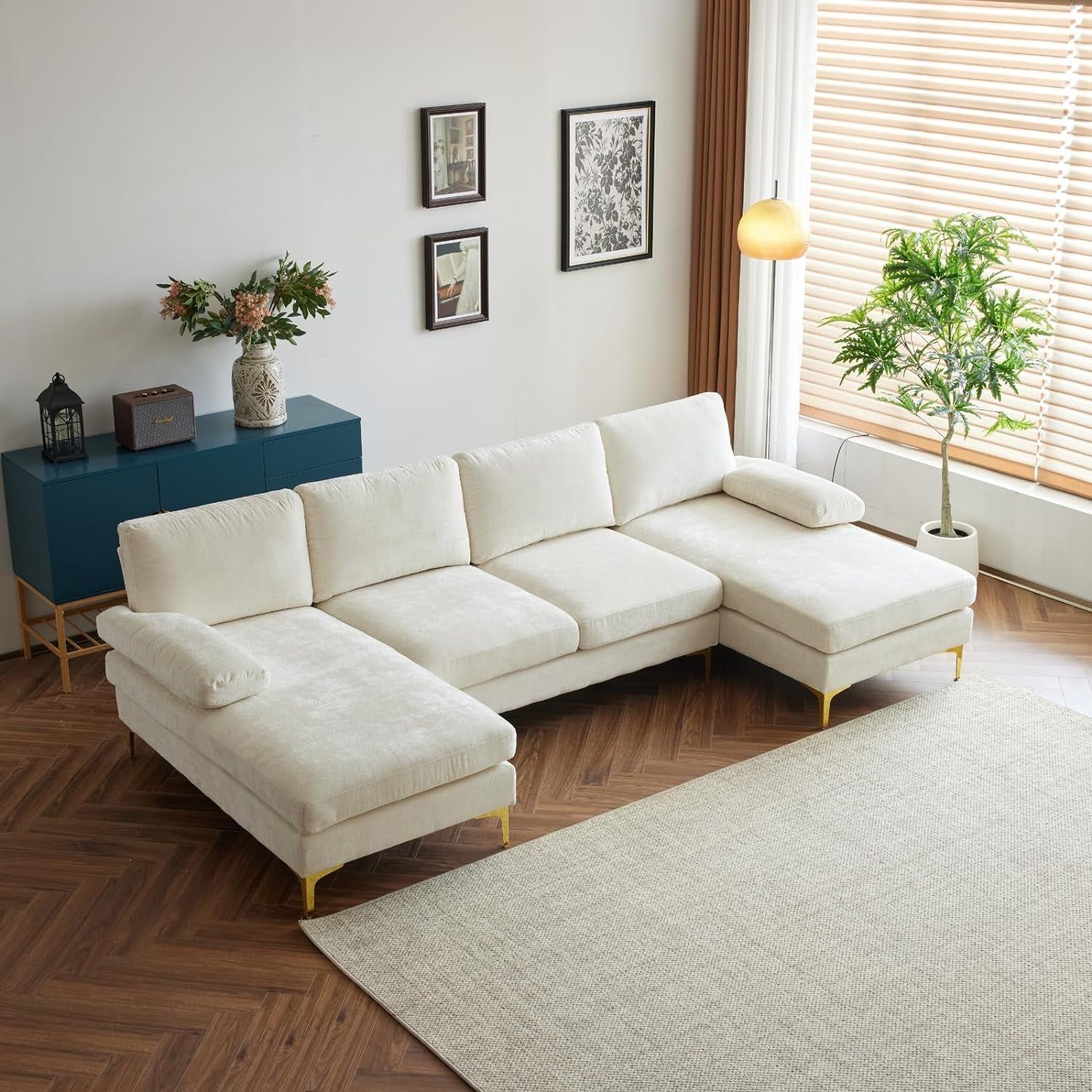 Convertible Sectional Sofa 110&quot; U-Shape Sofa Couch 4-Seat Couch with Chaise Chenillefabric Upholstered for Living Room, Apartment, Office, Creamy White