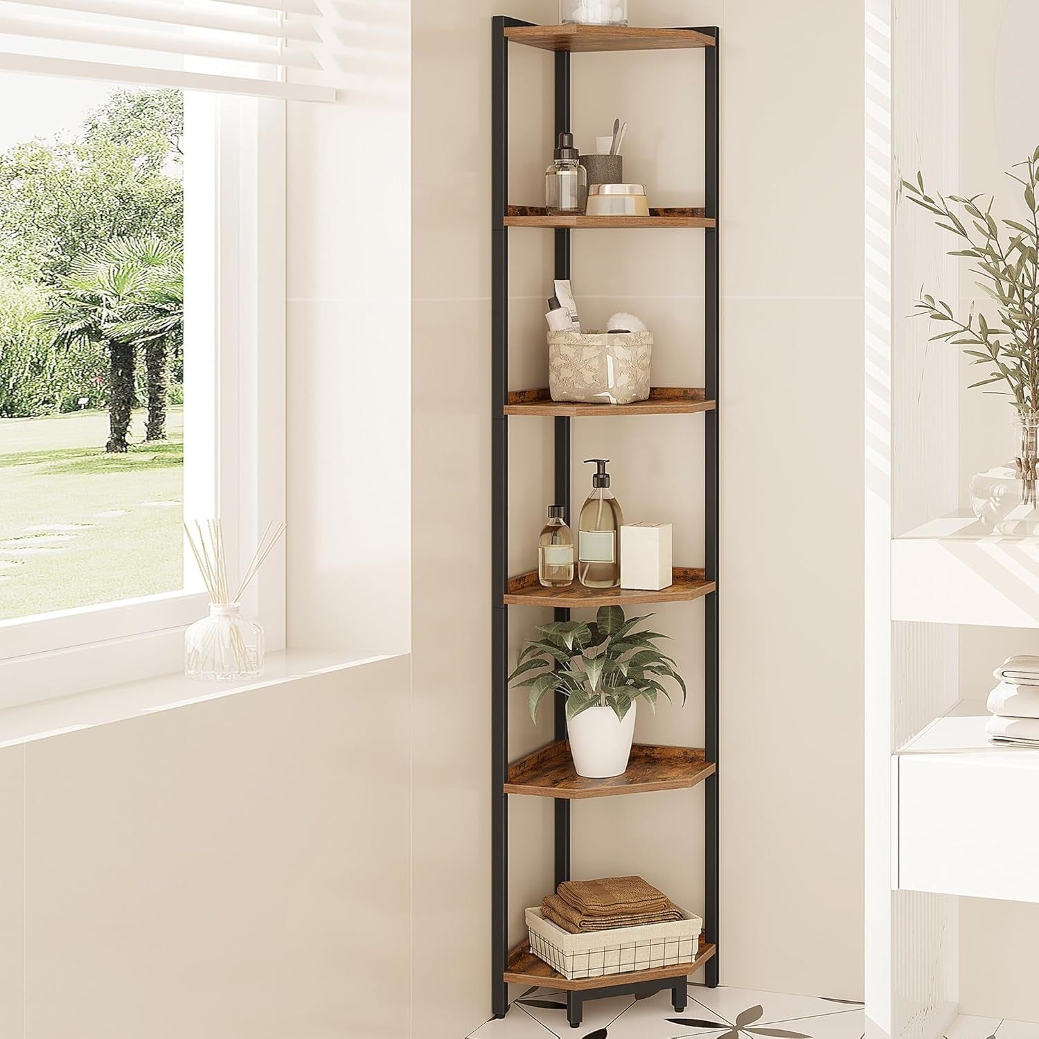 Corner Shelf Stand, Corner Bookshelf, Storage Standing Shelf Unit with Metal Frame, Plant Stand, Corner Bookcase for Living Room, Home Office, Bedroom, 6-Tier Rustic Brown CS06001B