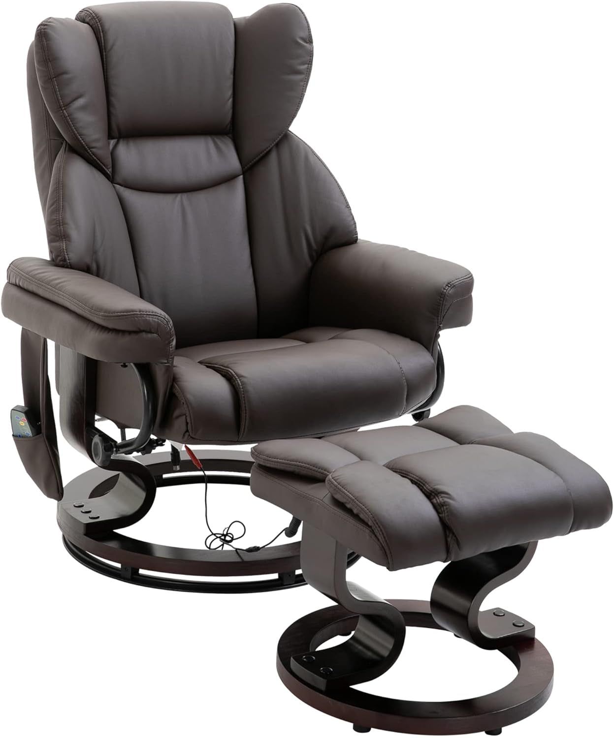 Massage Recliner Chair with Ottoman Footrest, 10 Vibration Points, 360° Swivel Reclining Chair, Faux Leather Living Room Chair with Side Pocket and Remote Control, Brown