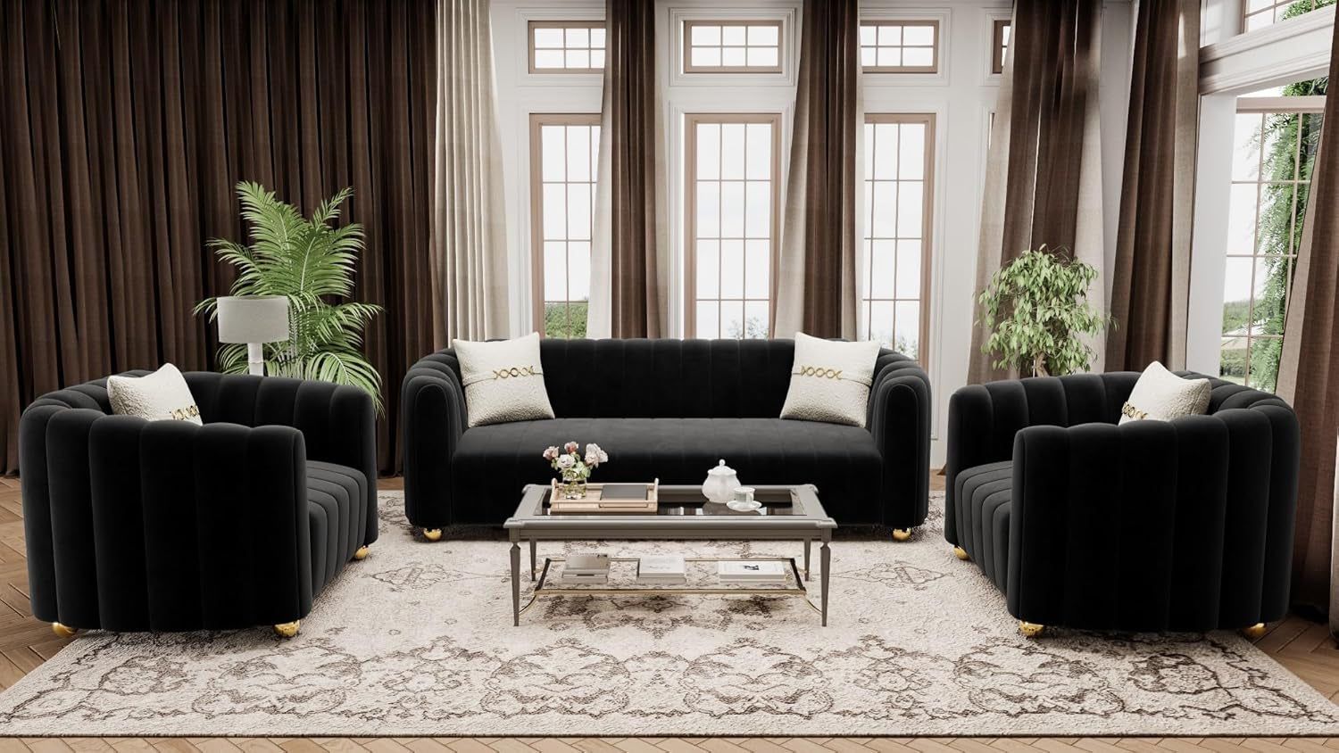 KEAI Black Velvet Tufted Sofa Set for Living Room, 3 Piece Modern Design Couch Set with Gold Metal Ball Legs, Lovely Upholstered Sherpa Furniture Set for Office (Black, 1+1+3 Set)