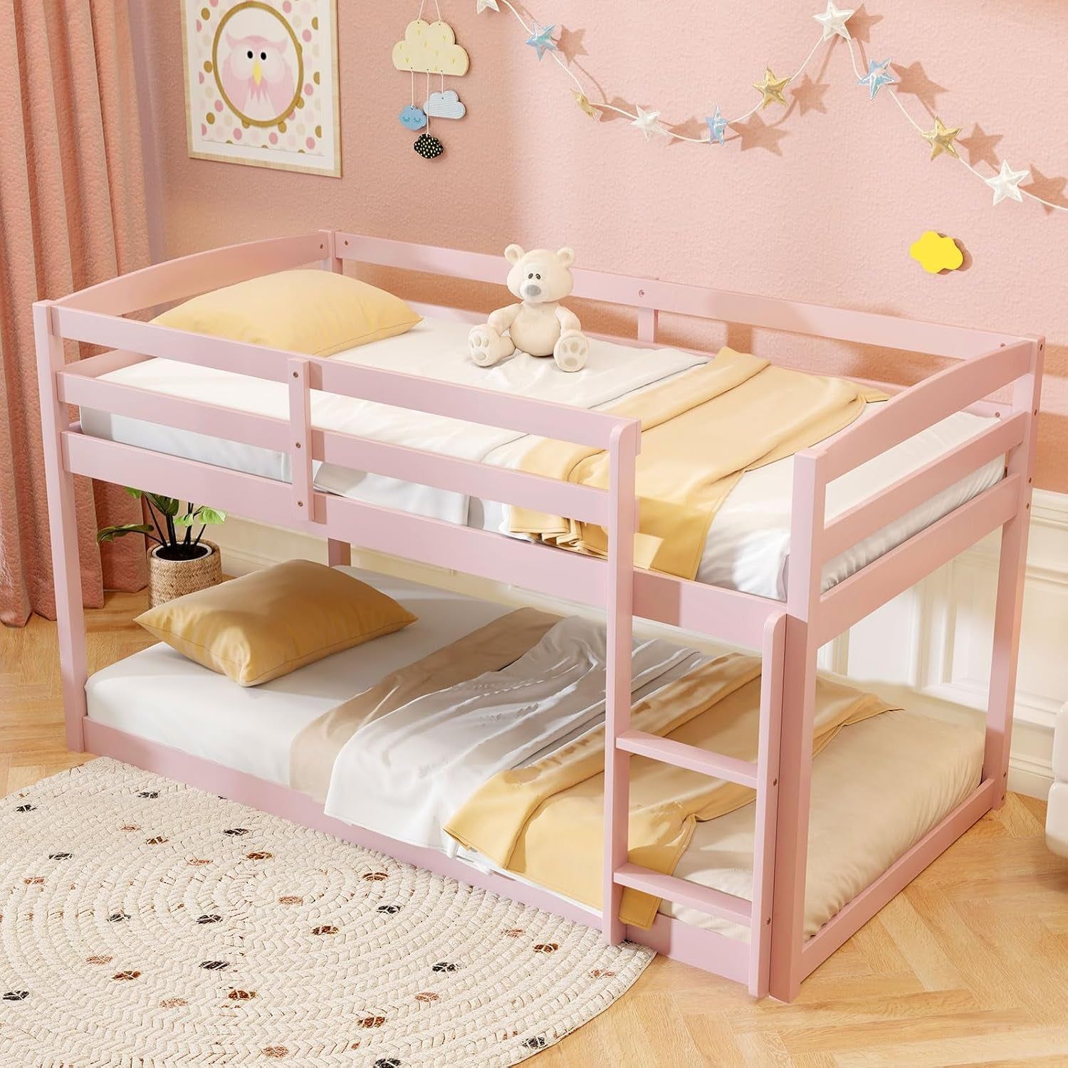 Low Bunk Bed, Solid Wood Bunk Beds Twin over Twin with Ladder, Space Saving Bunkbeds Frame W/Full Guardrails, Twin Floor Bunk Beds for Kids Boys Girls Teens, No Box Spring Needed (Pink)
