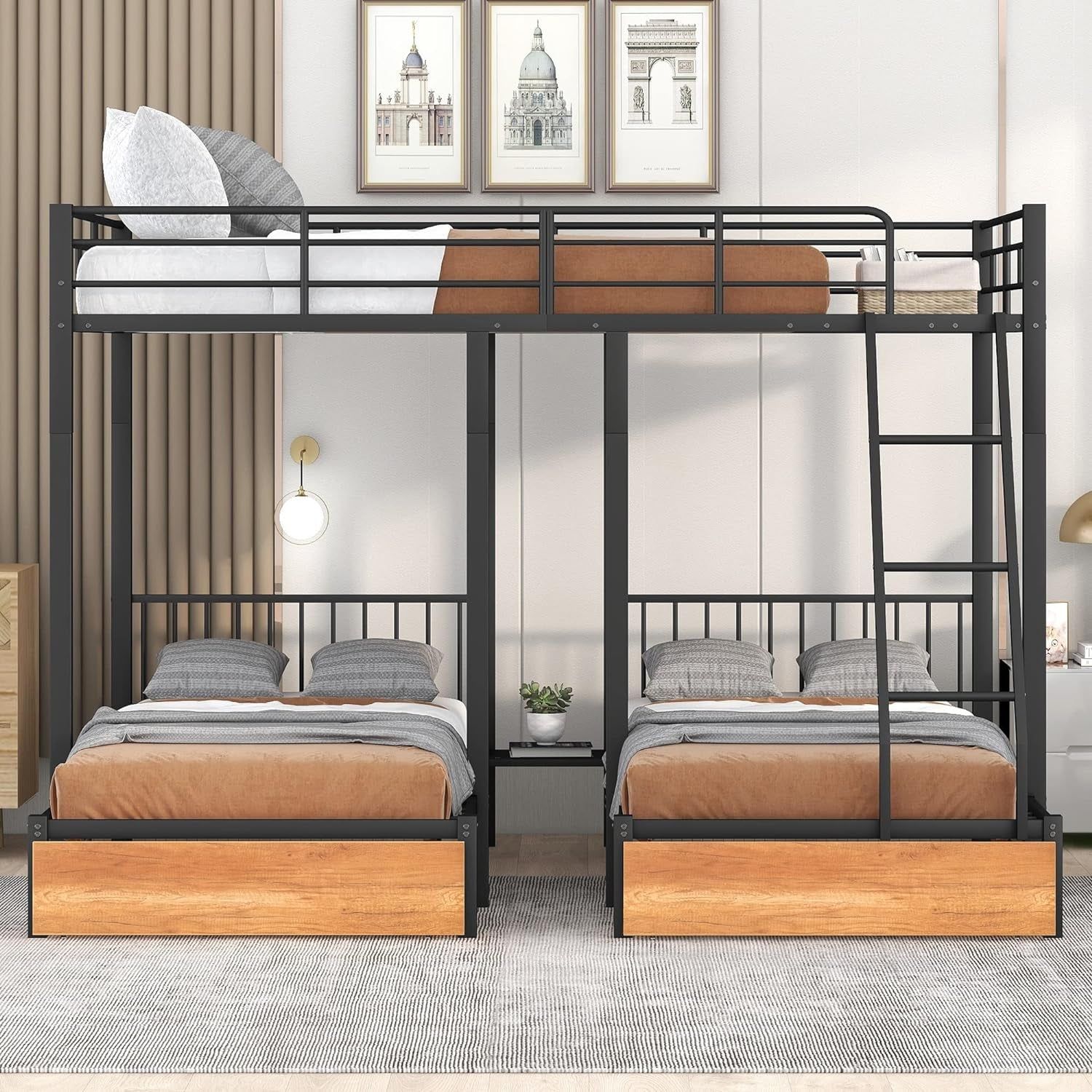 Metal Triple Bunk Bed with Drawers and Guardrails, Full over Twin &amp; Twin Bunk Bed for 3, Space-Noise Free, No Box Spring Needed - Black
