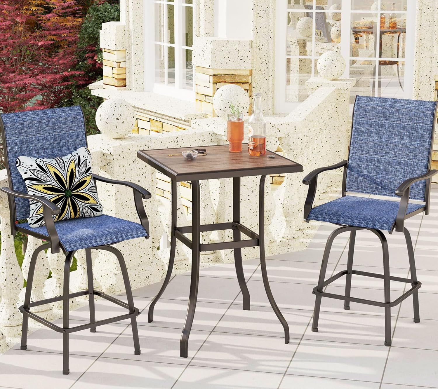 3Pcs Outdoor Swivel Bar Stools Set, Bar Height Patio Table and Chairs with All Weather Textilene Fabric, Pub Bar Bistro Tall Furniture Set for Outdoor, Blue