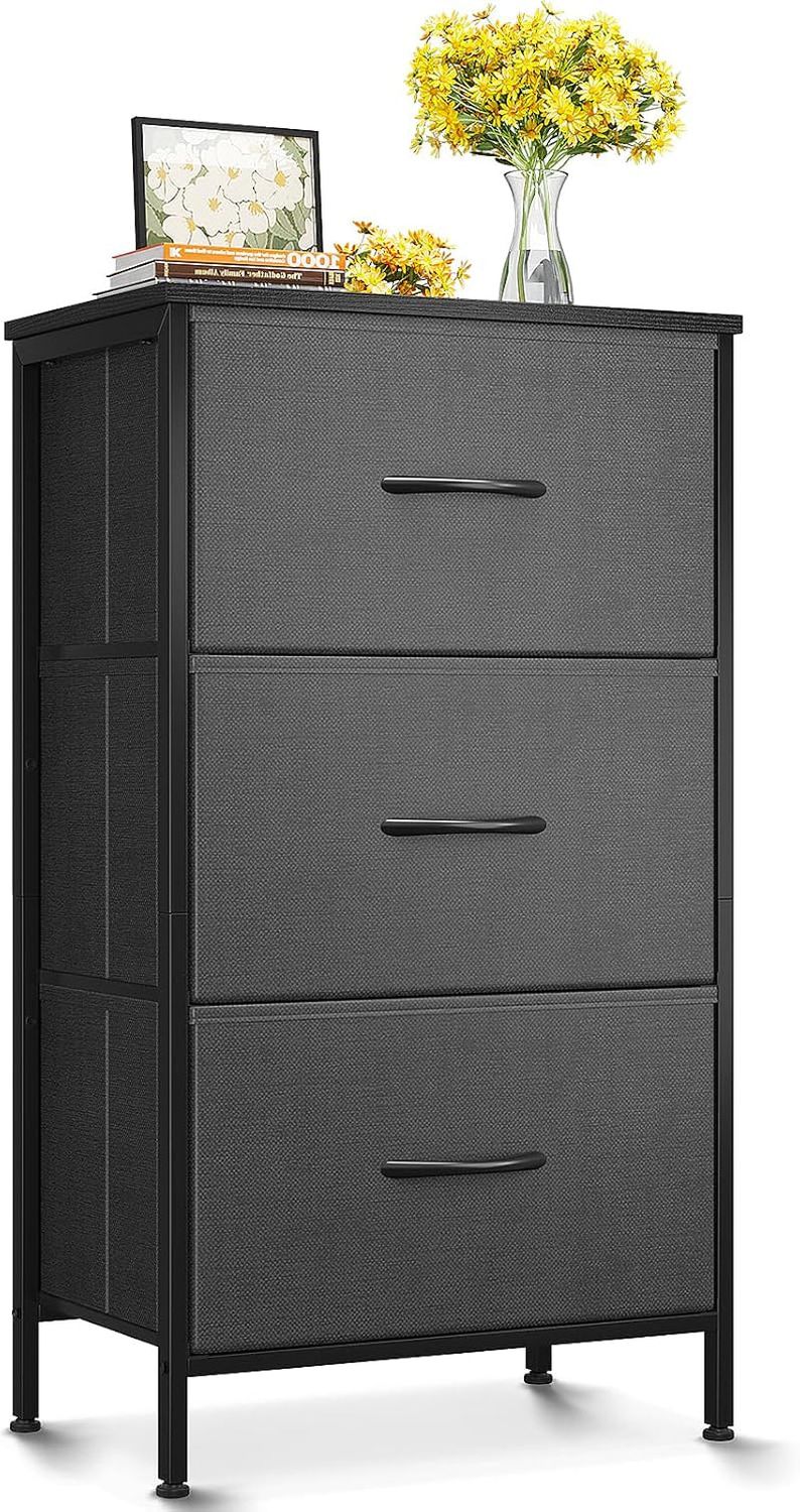 Dresser for Bedroom Nightstand Small Dresser Chest of Drawers End Table for Living Room, Closet Dresser with 3 Storage Drawers Organizer Clothes, Dark Grey