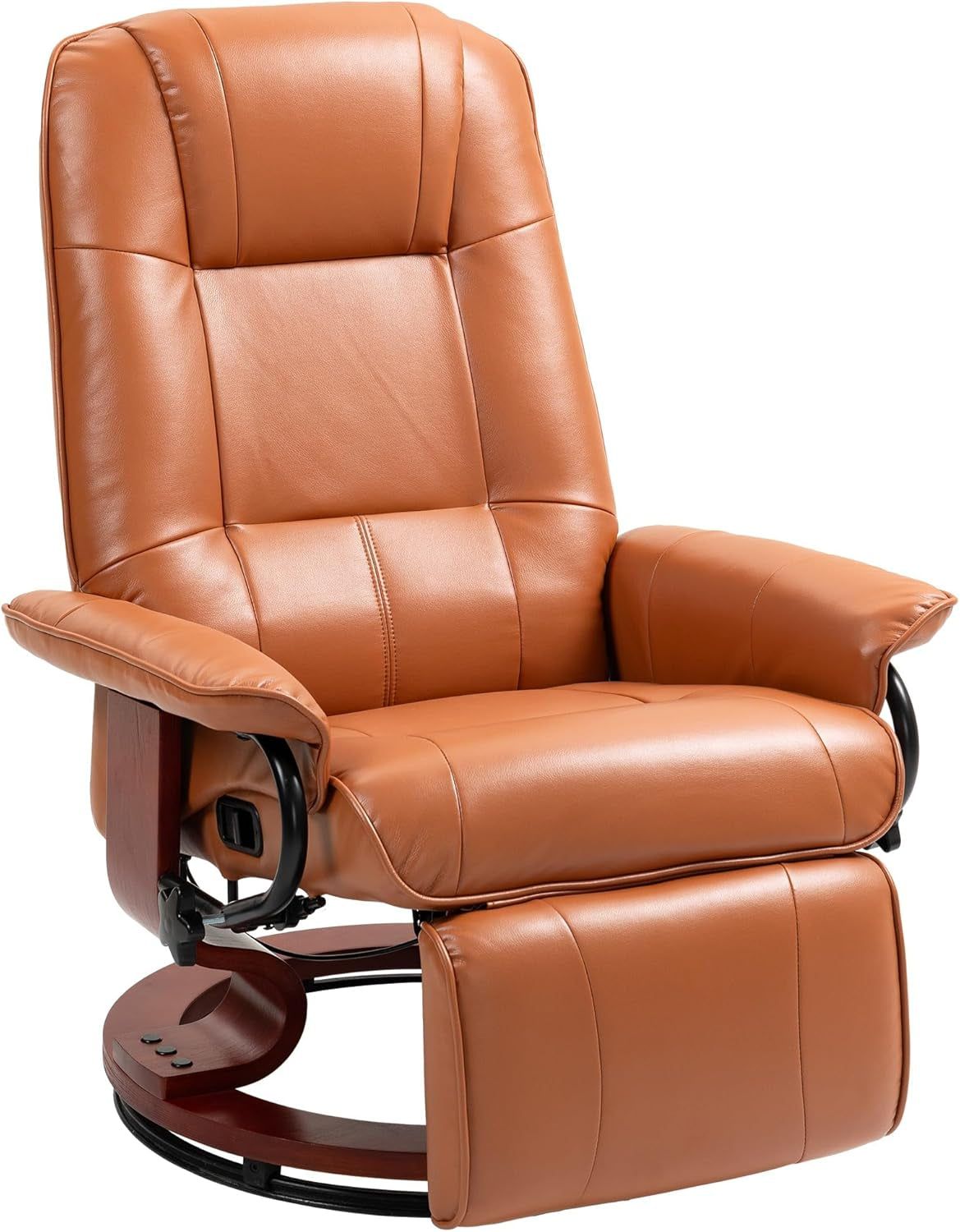 Faux Leather Manual Recliner, Adjustable Swivel Lounge Chair with Footrest, Armrest and Wrapped Wood Base for Living Room, Light Brown