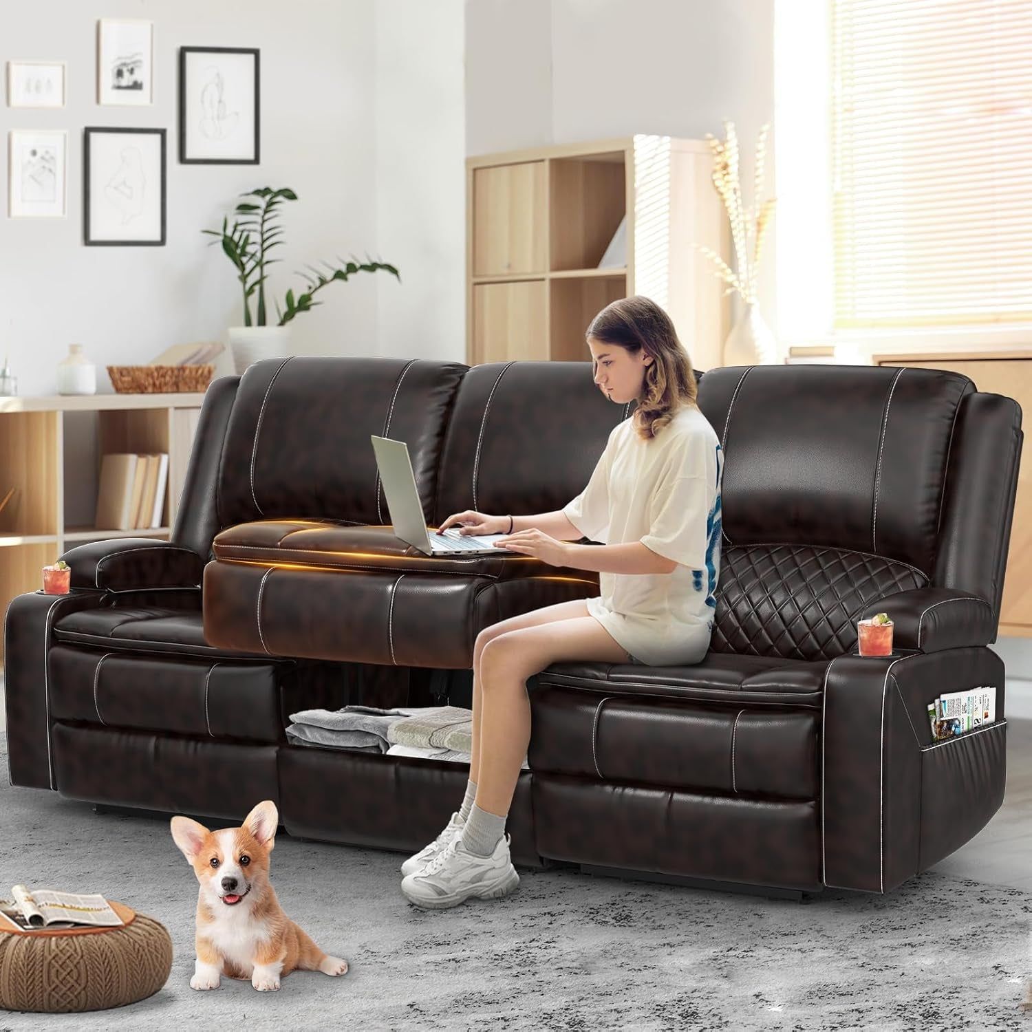 3-Seater Recliner Sofa, Manual Reclining Couch with Multi-Functional Middle Seat, Reclining Sofa for Living Room with Hidden Storage Space, Cup Holders, and Removable Console - Brown