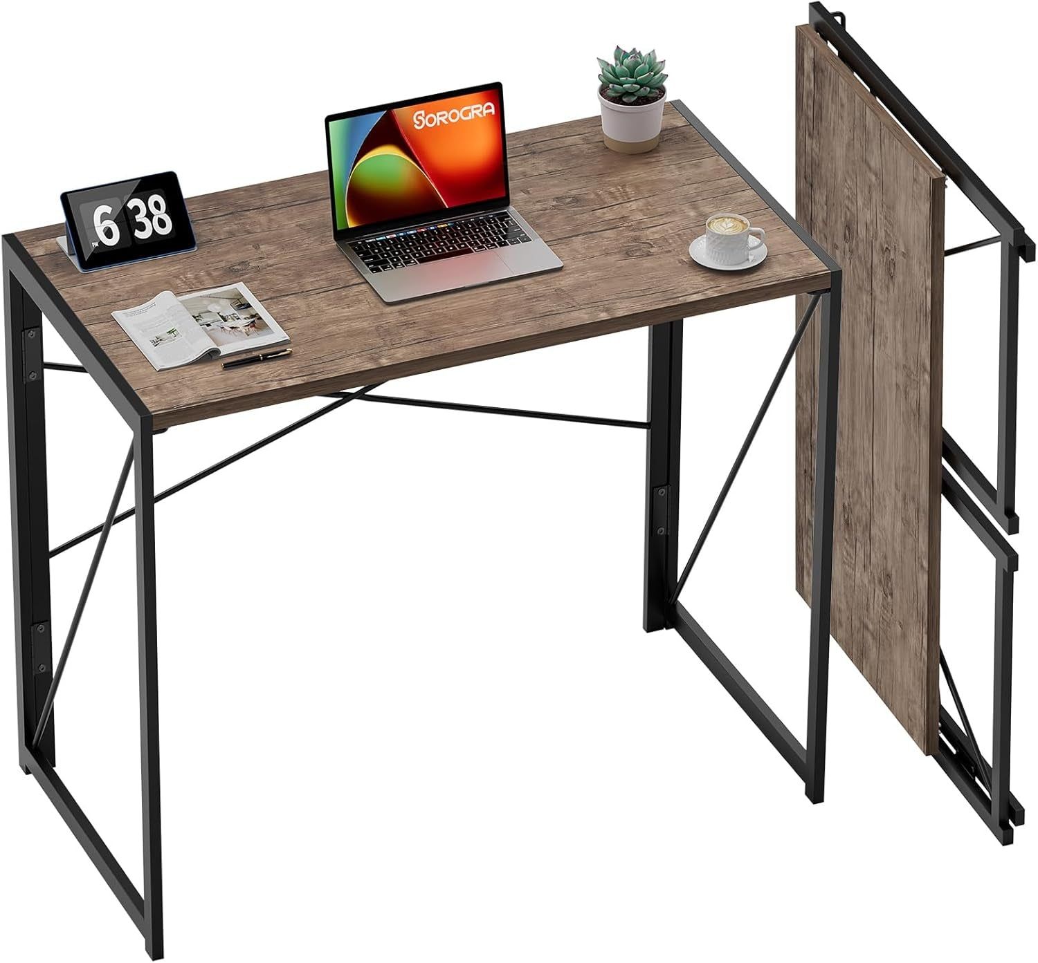 Small Folding Desk 31.5 Inch No Assembly Required Computer Desks, Spaces Saving Foldable Table for Bedroom, Home Office, Dorm, Apartment, Kids, Adults, Brown