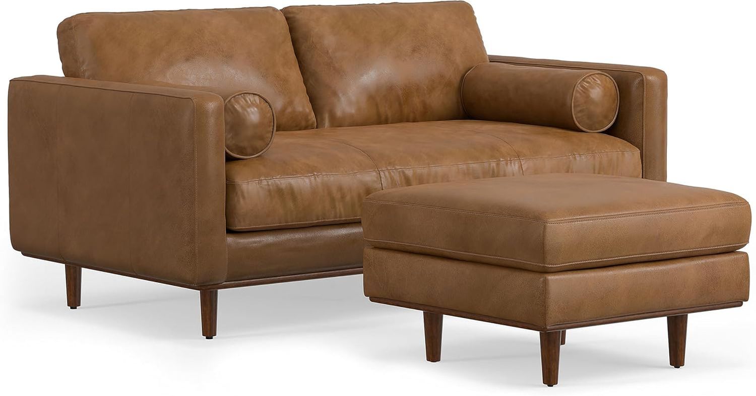 Morrison Mid-Century Modern 72 Inch Wide Sofa with Ottoman Set in Caramel Brown Genuine Leather for the Living Room and Family Room