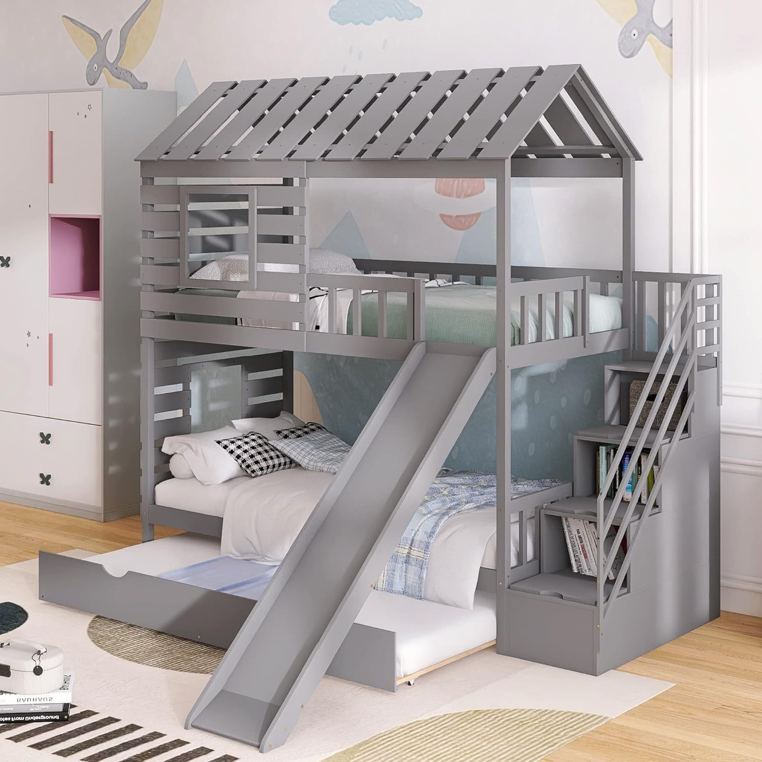 Twin over Twin House Bunk Bed, Wooden Bed Frame with Trundle and Slide, Storage Staircase, Roof and Window Design, Gray