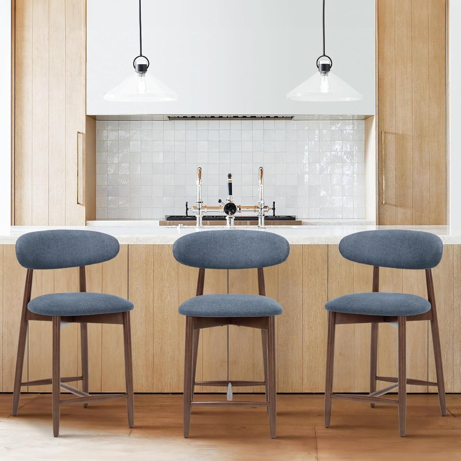 Wood Bar Stools Set of 3, Counter Height Bar Stools, Mid Century Modern Bar Stools with Back, 25 Inch Upholstered Wooden Barstools for Kitchen Island Dining Room Bar, Blue