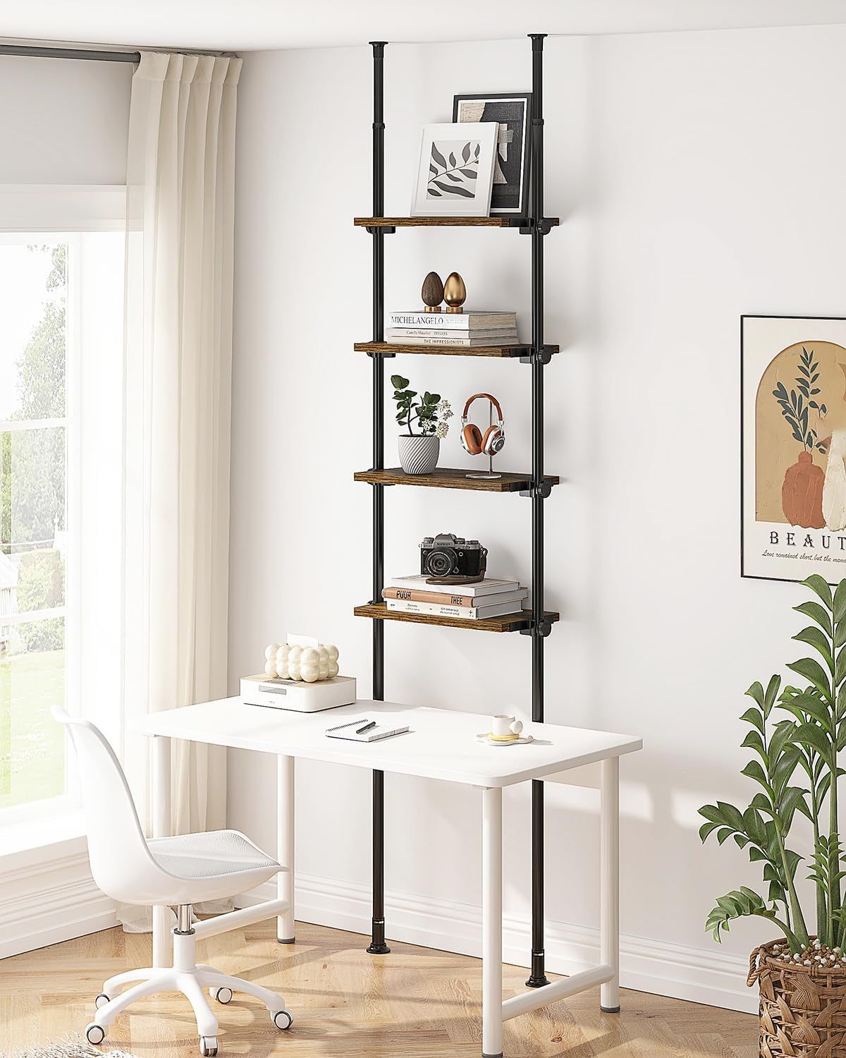 Adjustable Tall Narrow Bookshelf for Bedroom, 4-Tier Ladder Bookcase for Small Spaces, Tension Mount Tall Skinny Book Shelf with Open Storage, 64 to 113Inch Height