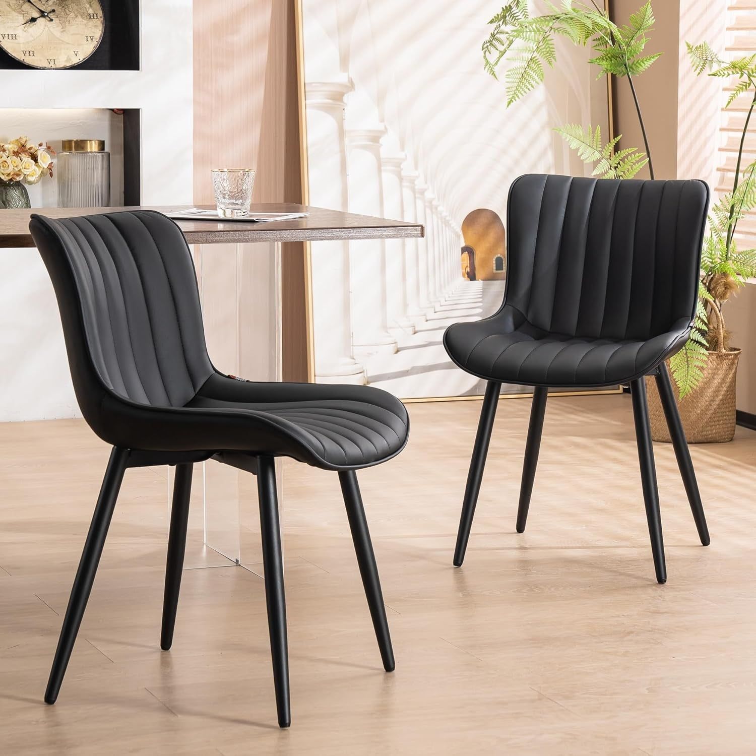 Black Dining Chairs Set of 2 Upholstered Mid Century Modern Kitchen&amp;Dining Room Chairs Armless Faux Leather Accent Chair with Back Metal Legs Guest Waiting Reception Side Chaise Sillas