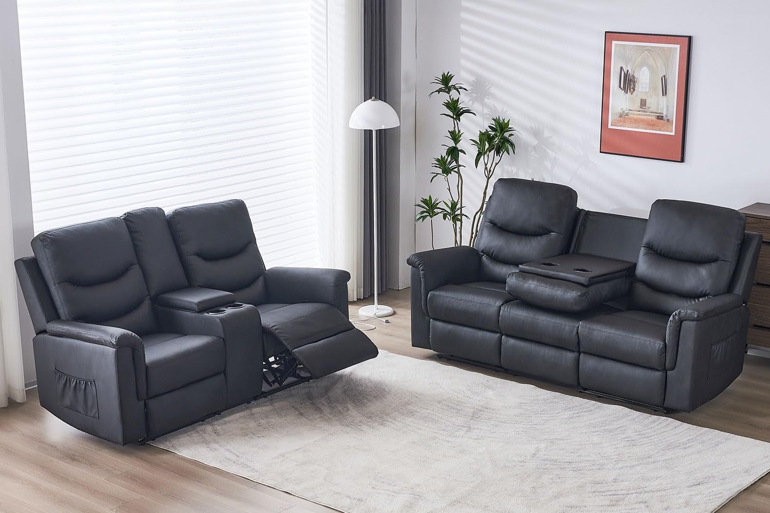 2 Pieces Recliner Sofa Set, Manual Recliner Sofa Set for Living Room Furniture Sets, Reclining Sofa and Loveseat Set, Reclining Loveseat Sofa with Console &amp; Cup Houlders for Living Room