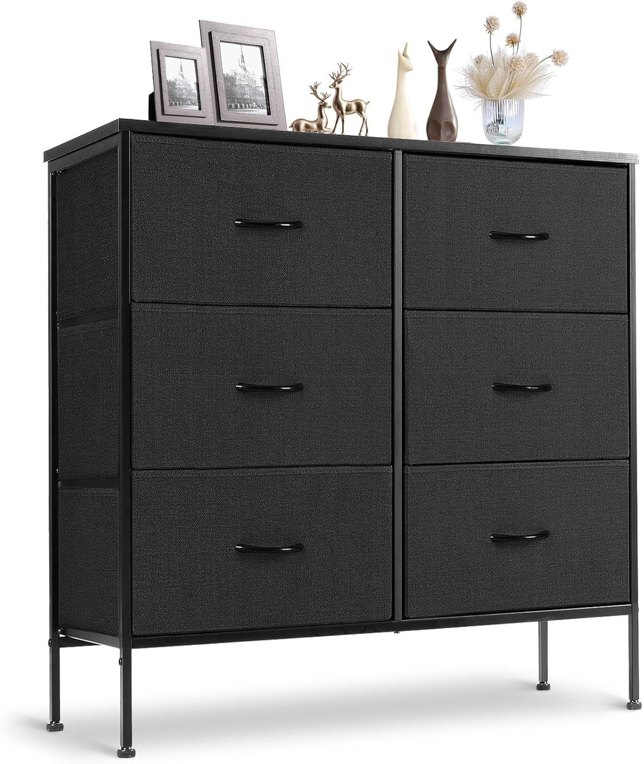 6 Drawer Dresser for Bedroom, Fabric Chest of Drawers Dressers, Storage Tower Unit with Fabric Bins, Bedroom Dresser for Closet, Living Room, Hallway, Wood Top, Steel Frame, Black