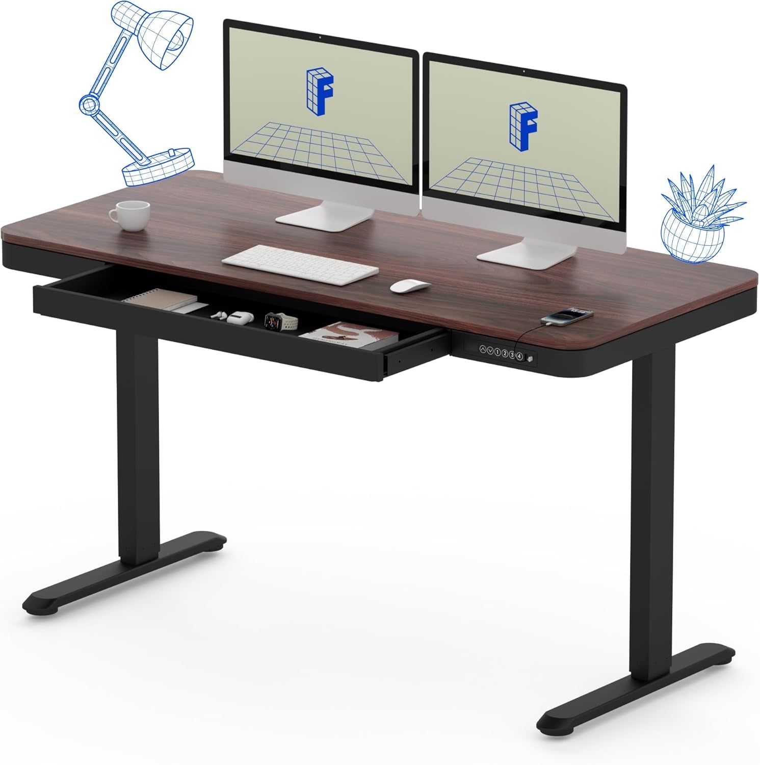 55&quot; Electric Standing Desk with Drawers, Quick Assembly Home Office Sit Stand Desk with Storage, USB Charging, Computer Desk for Home Office (55&quot; Wood, Dark Walnut/Black)