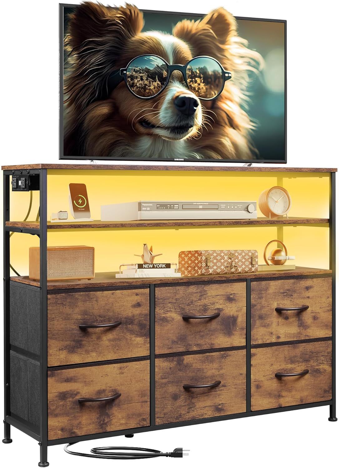 Led Dresser TV Stand for Bedroom, Entertainment Center with LED Lights and Power Outlet, 6 Drawer Dressers with Double Open Shelves, Rustic Brown TV Stands