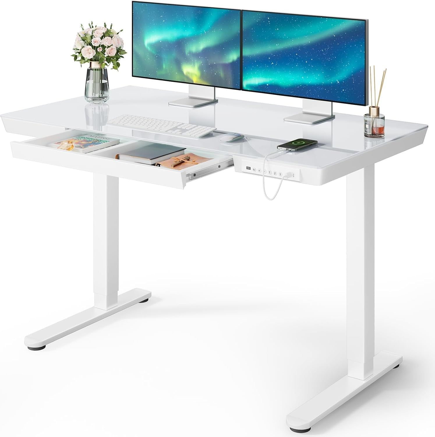 Glass Standing Desk with Drawer, 48 X 24 Inch Electric Standing Desk, Height Adjustable Desk with One-Piece Tabletop &amp; USB Charging Ports, Sit Stand Desk with Storage for Home &amp; Office White