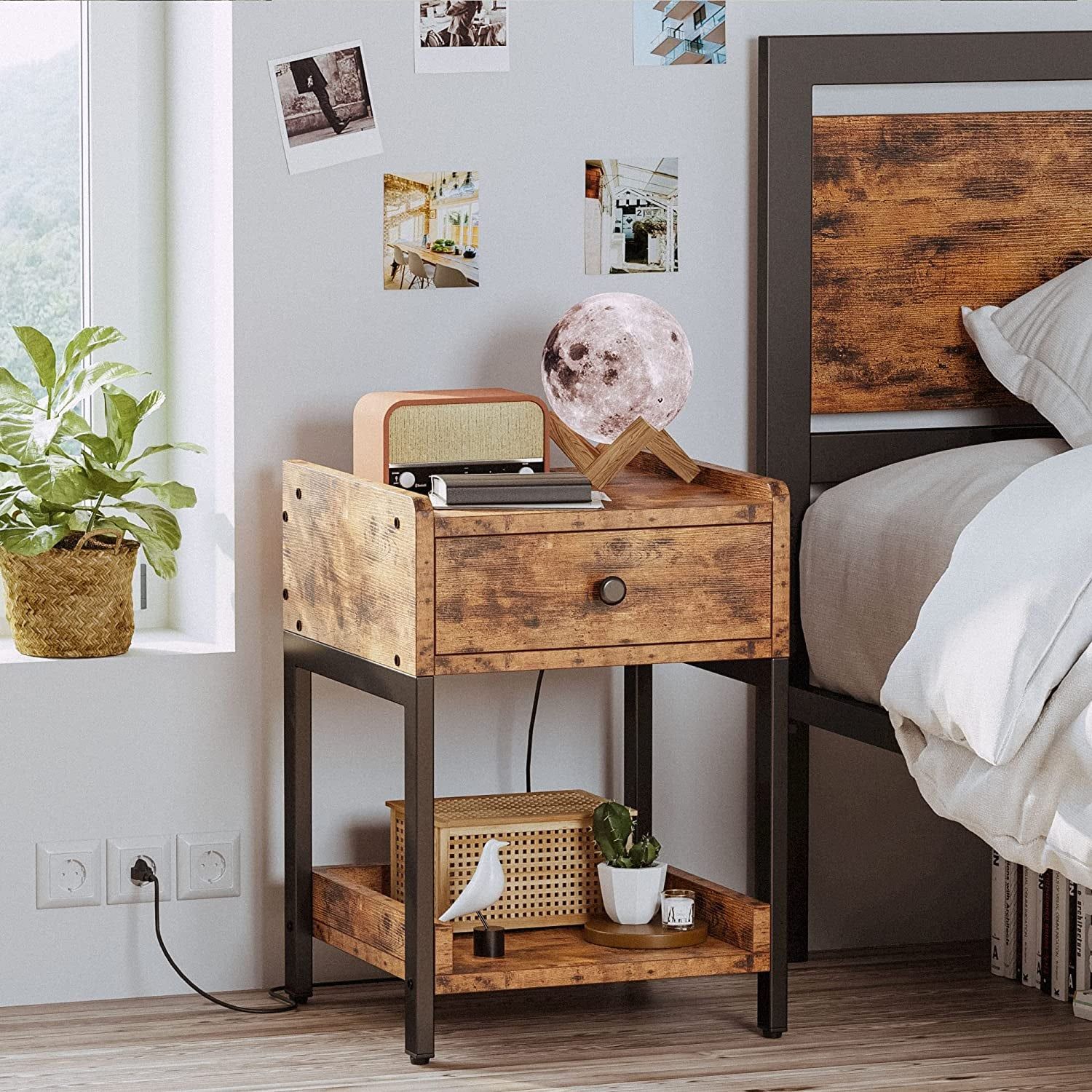 Bedside Table with Charging Station, Vintage Brown