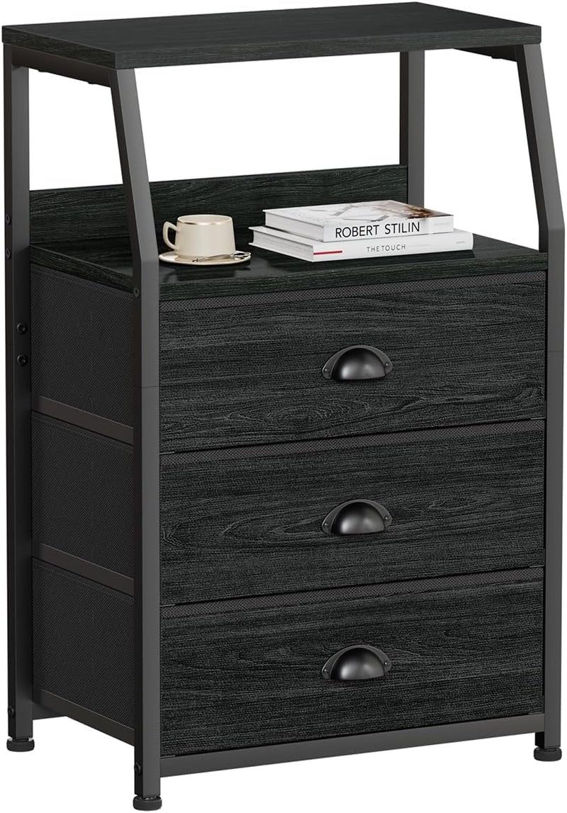 Black Night Stand, Small Dresser for Bedroom, Nightstand with 3 Fabric Storage Drawers and 2-Tier Shelf, End Table Side Furniture for Closet, Hallway, Nursery, Sturdy Steel Frame, Wood Top