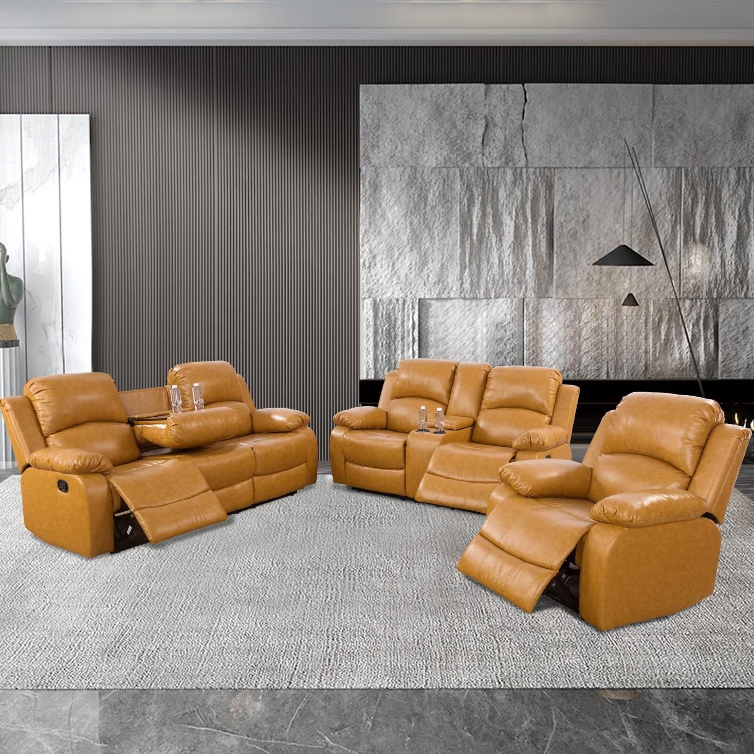 Manual Leather Recliner Sofa Set for Living Room Furniture Set,Leather Recliner Couch Set for Home/Office,Leather Couch Set for 3-Pieces(Sofa+Loveseat+Chair) Ginger, Sofa+Lovsesat+Chair