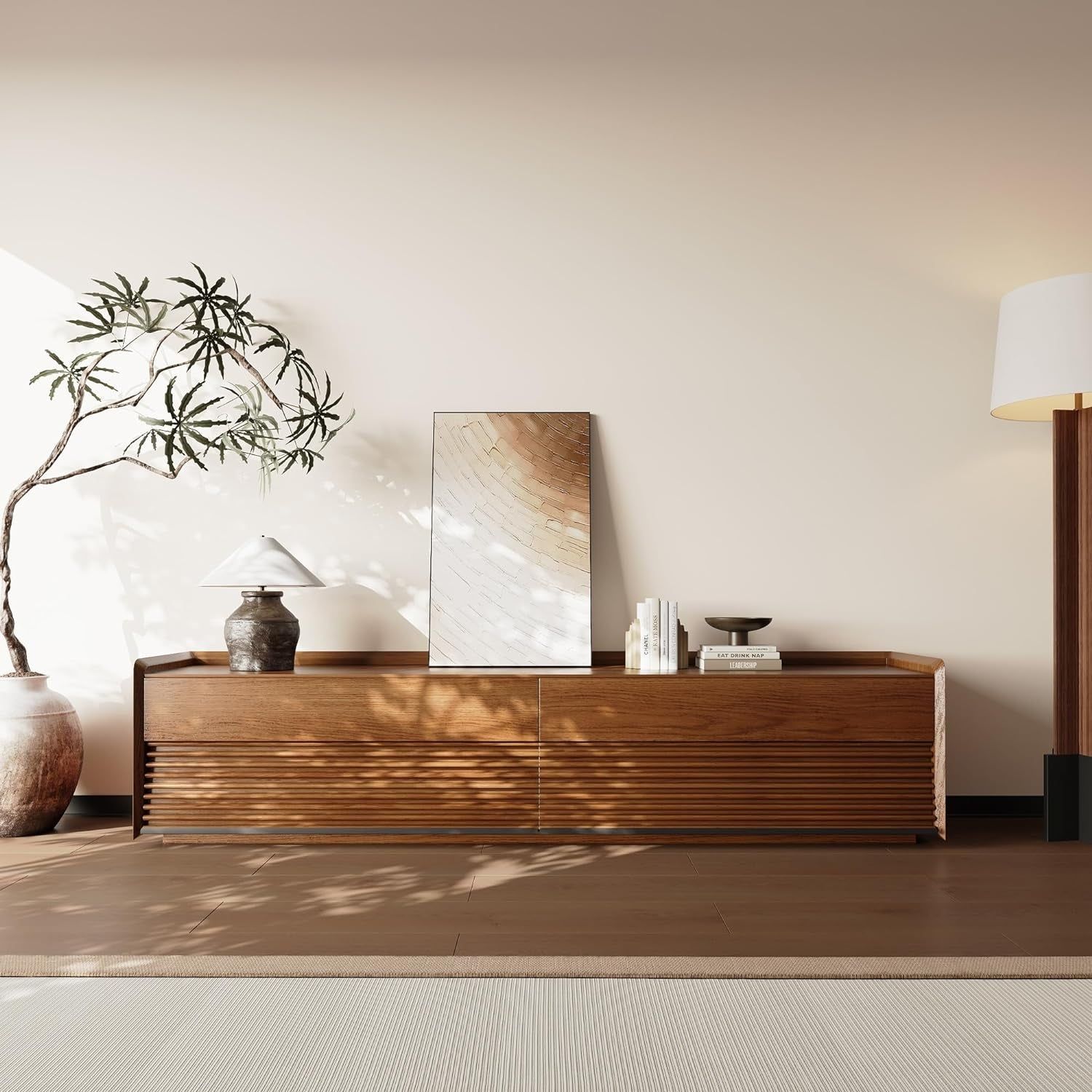 Mid Century Modern TV Stand, 78.74&quot; Entertainment Center with LED Light, Walnut Solid Wood TV Console for Living Room, TV Stand with Storage
