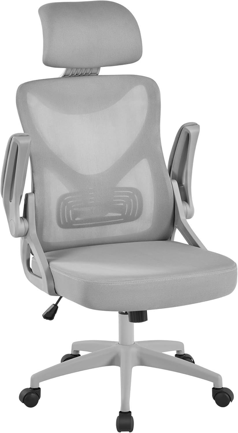 Ergonomic Mesh Office Chair, High Back Desk Chair with with Flip-Up Armrests, Adjustable Padded Headrest Computer Chair with Lumbar Support for Home Oiffce Game Room, Full Gray