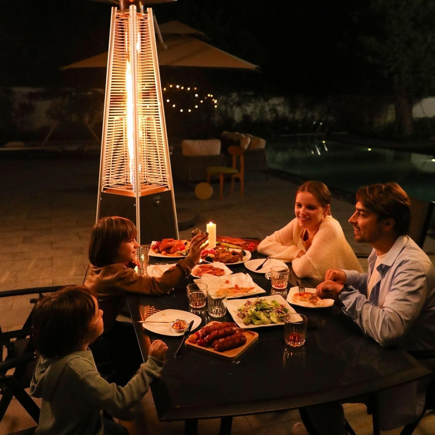 Pyramid Patio Heater, 48,000 BTU Outdoor Patio Heater, Quartz Glass Tube Propane Heater for Commercial &amp; Residential, Triple Protection System, with Wheels, 2024 Upgrade, Bronze