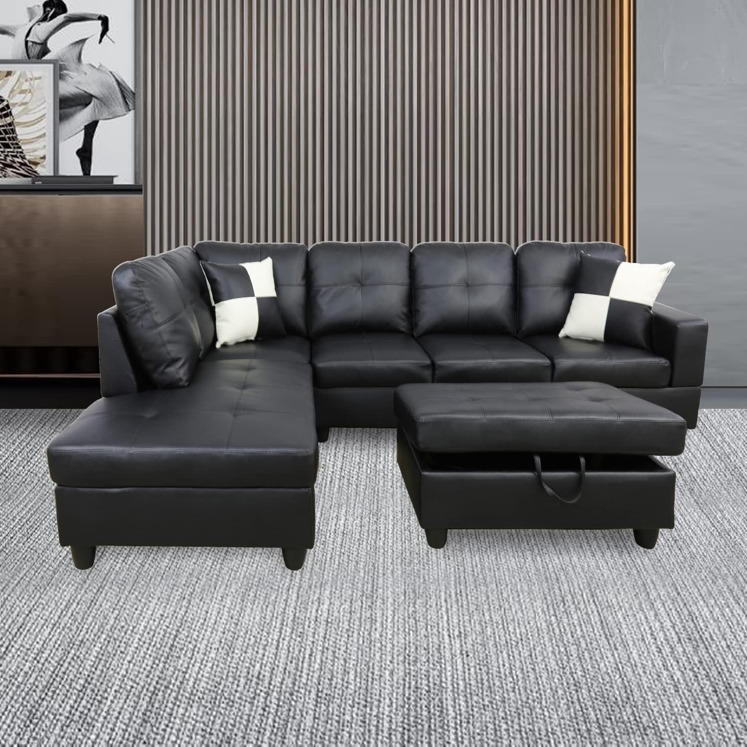 Ponliving Furniture Modern L-Shaped Leather Sectional Sofa Left Hand Facing (Black)