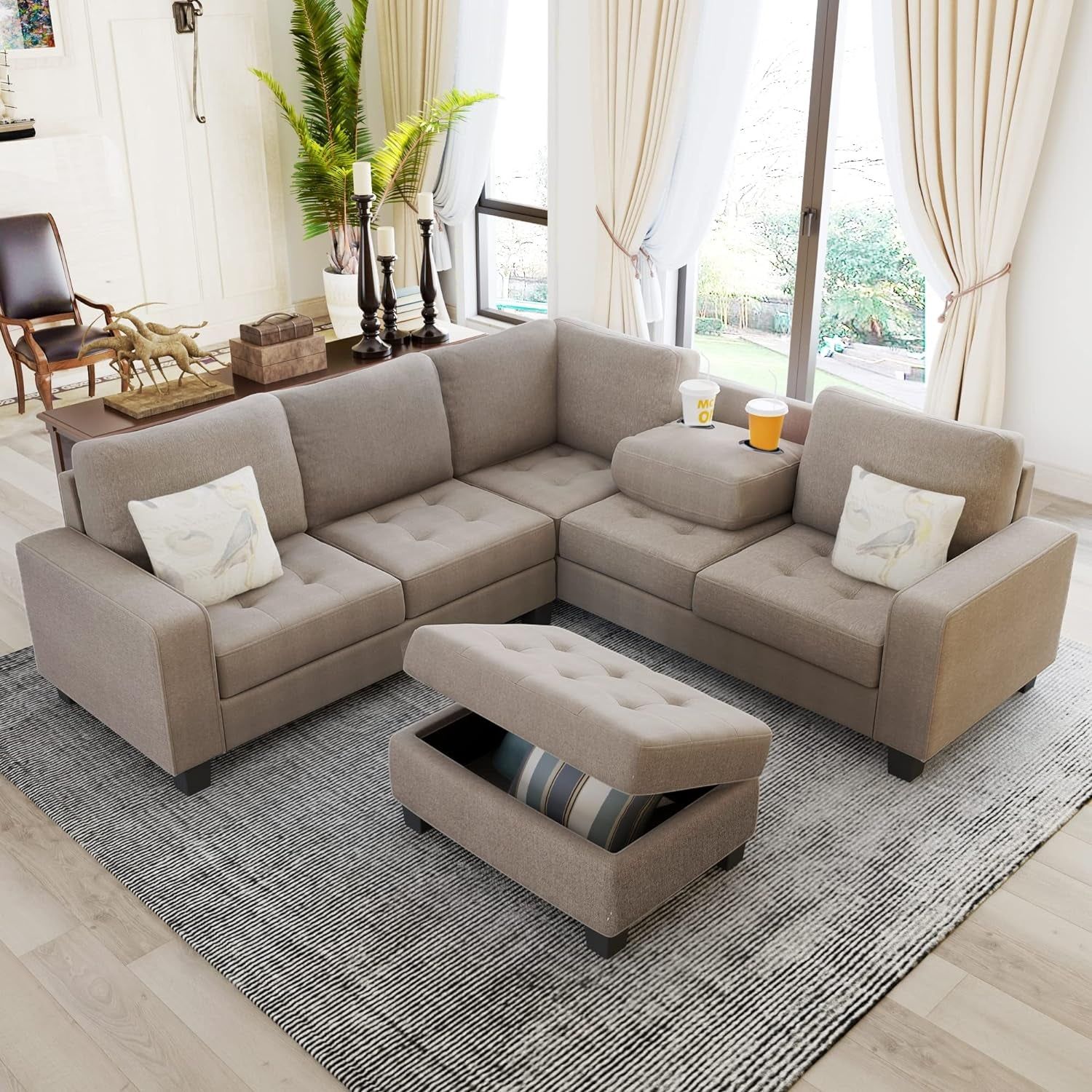 Sectional Sofas 3-Seat Sofa Sectional Sofa Couches with Reversible Chaise Storage Ottoman and 2 Cup Holders, Sofa Lounge and Ottoman for Living Room Furniture