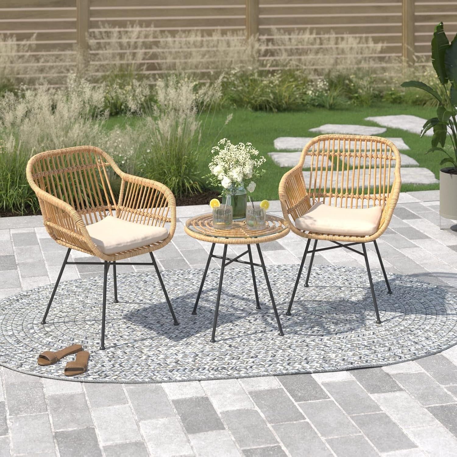 3Pcs Outdoor Bistro Chat Set Patio Conversation Wicker Chairs Glass Table with Seat Cushions, Beige