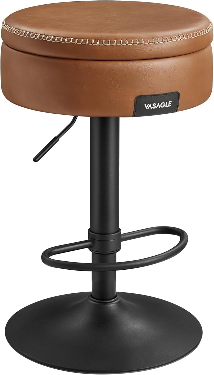 EKHO Collection - 360° Swivel Bar Stool, Height Adjustable Barstool with Storage, Synthetic Leather with Stitching, Mid-Century Modern, Kitchen Bar, Easy Assembly, Caramel Brown