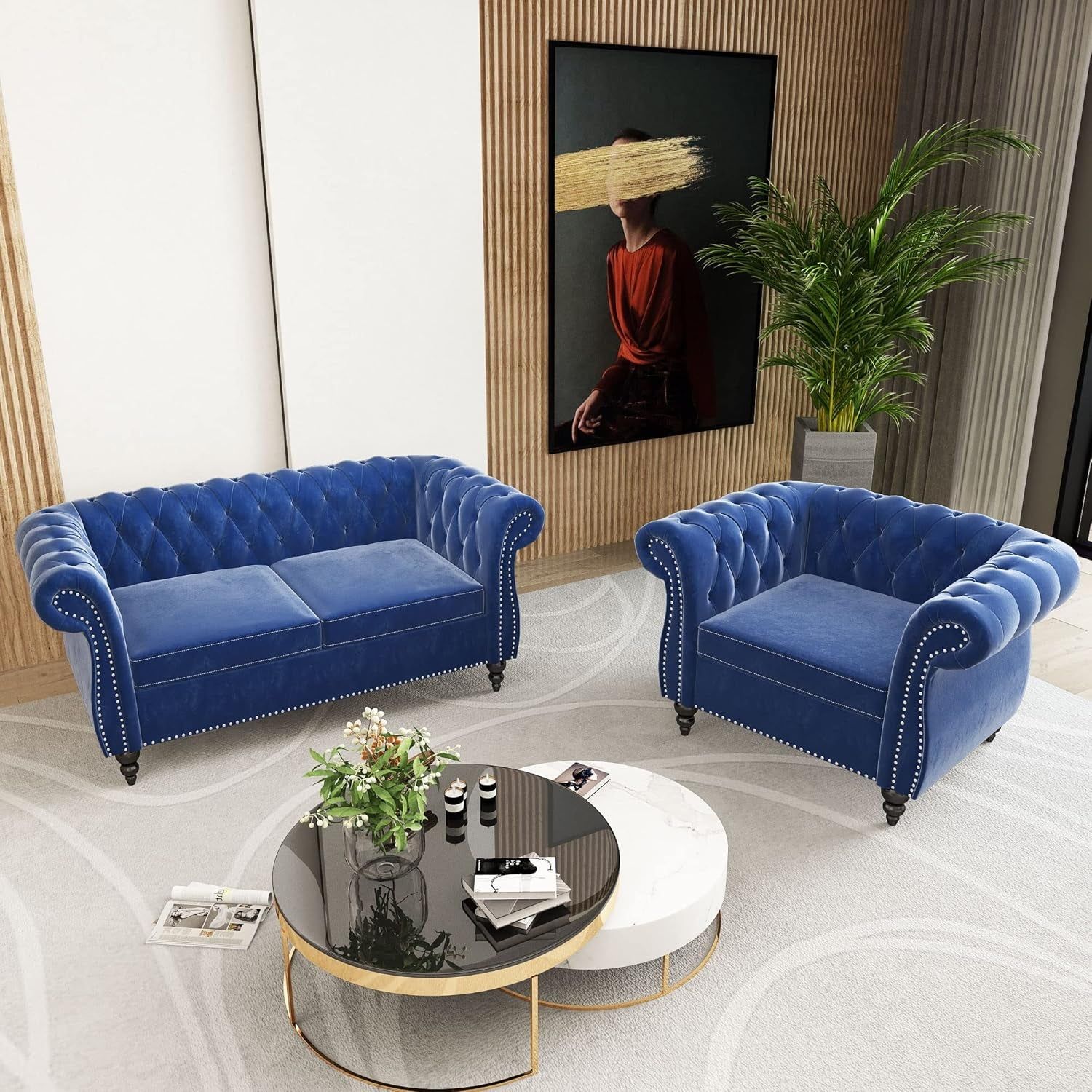 2 Piece Living Room Set, Chesterfield Velvet Sofa Loveseat Couch Chair with Scroll Arms and Nailhead for Living Room, Office (Blue, 1-2)