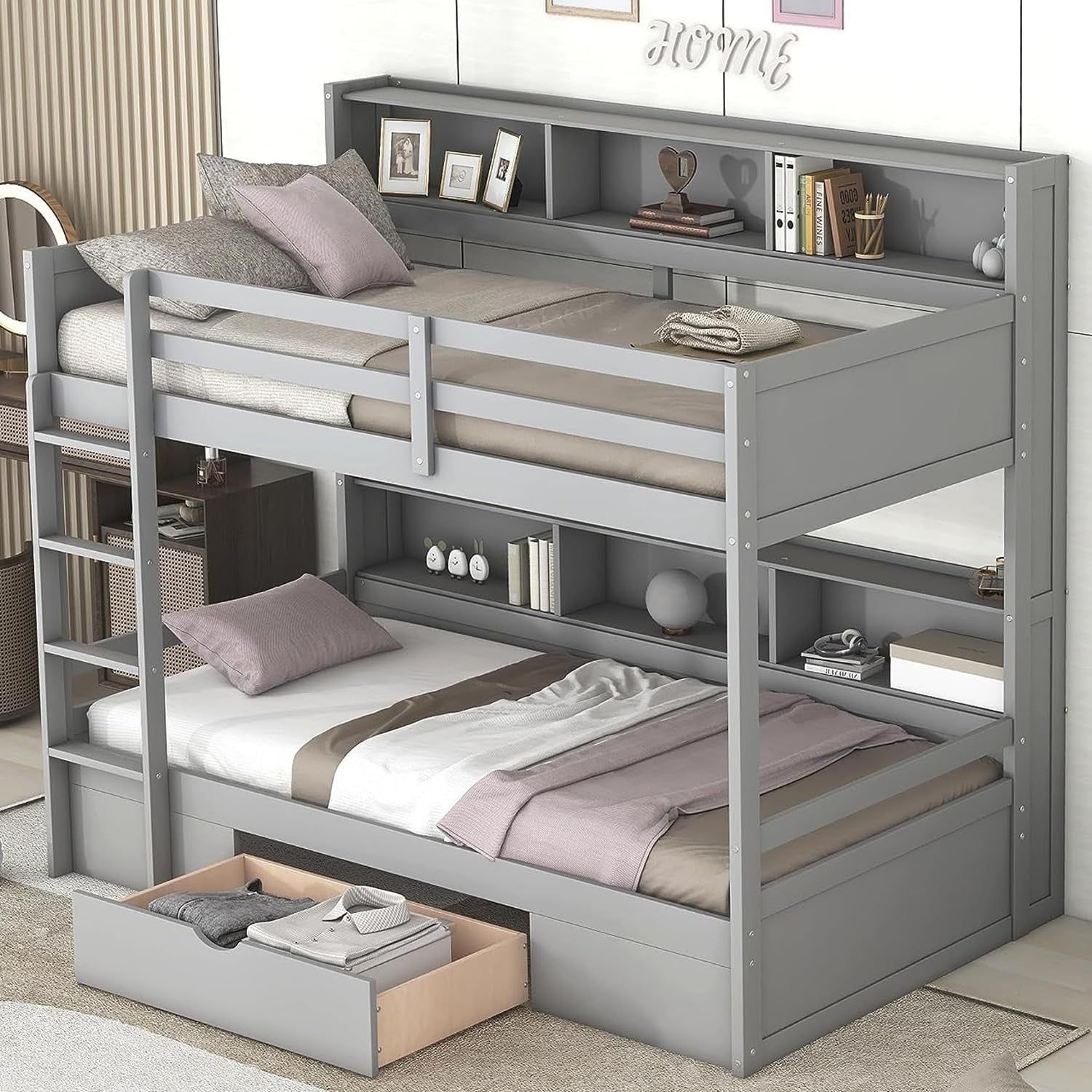 Twin over Twin Bunk Bed with Storage Drawer, Solid Wood Bunk Bed with Built-In Shelves beside Both Upper and down Bed, for Kids Teens Adults (Gray)