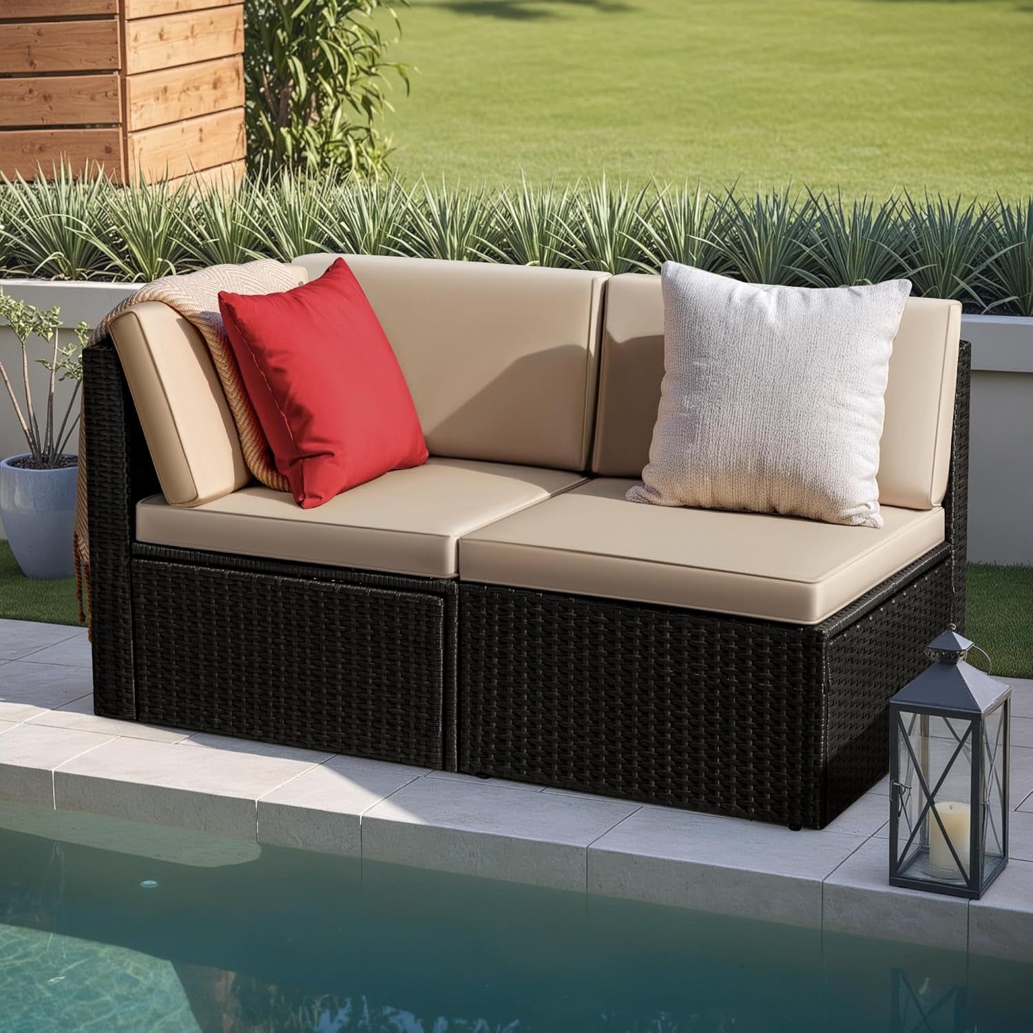 Wicker Rattan 2-Piece Patio Conversation Set Beige