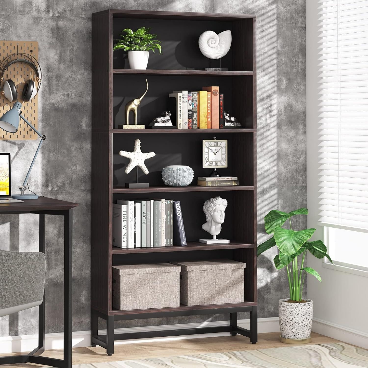 Tall Bookcase and Bookshelf, 70.8” Large Bookcases Organizer with 5-Tier Storage Shelves, Heavy Duty Free-Standing Library Bookshelf Shelving Unit for Living Room, Bedroom (Sandalwood)