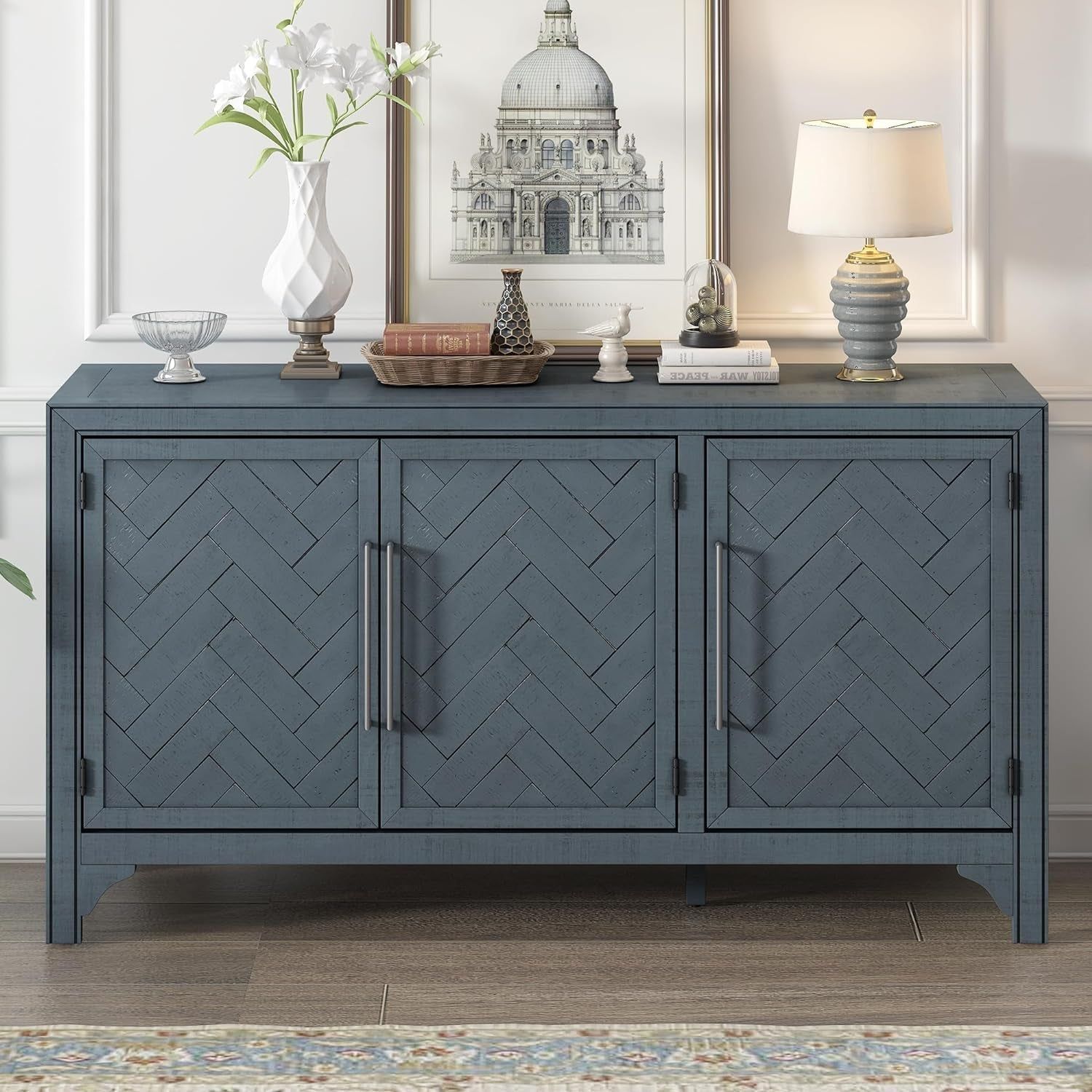 Modern Rustic Wood Buffet Sideboard with Metal Handles, 3 Doors Coffee Bar Cabinet TV Stand for Bedroom Living Room Dinning Room Kitchen Navy Blue