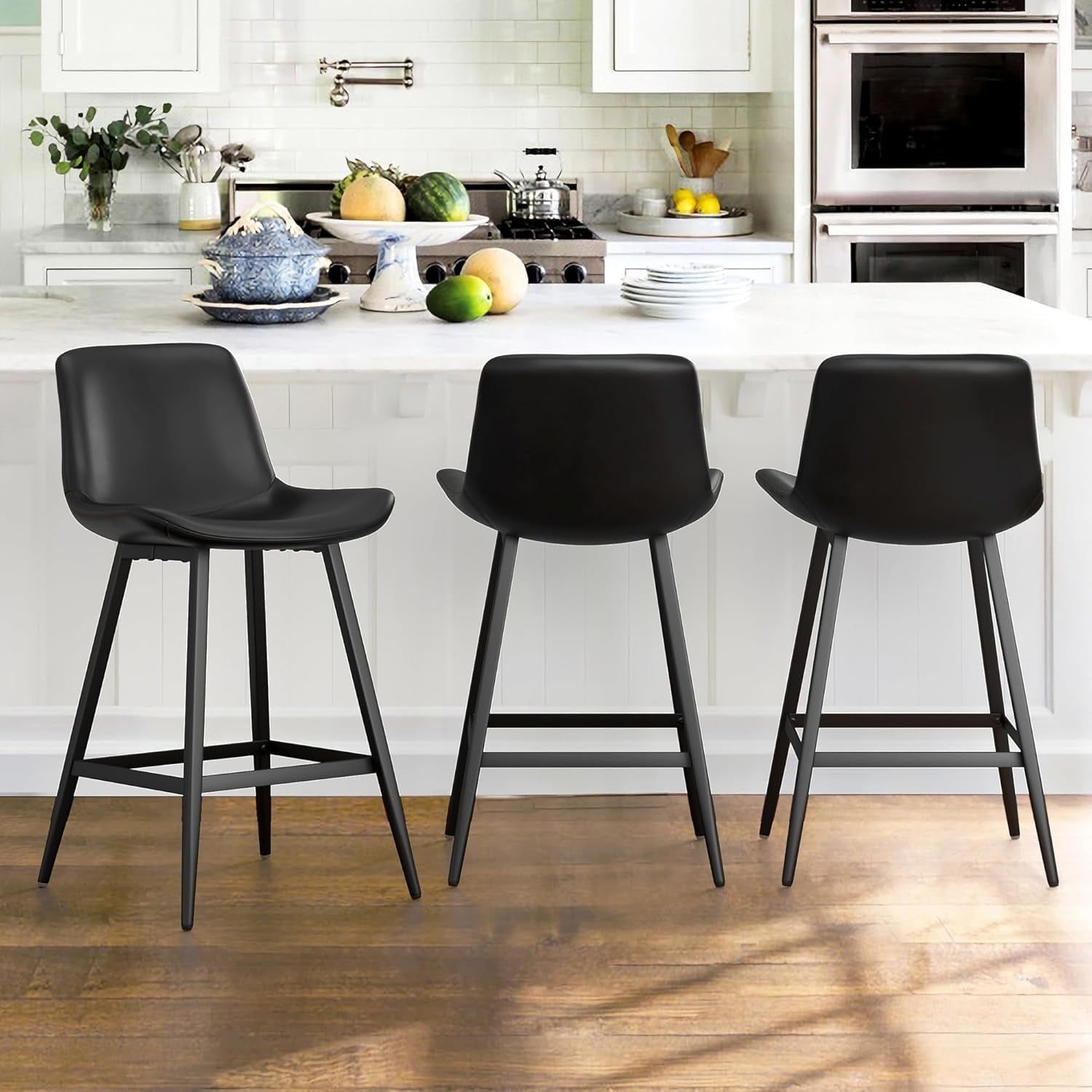 24 Inch Counter Stool, Modern Bucket Barstool Set of 3, Barstools with Back and Footrest, Faux Leather Bar Stools for Kitchen Island Restaurants, Black