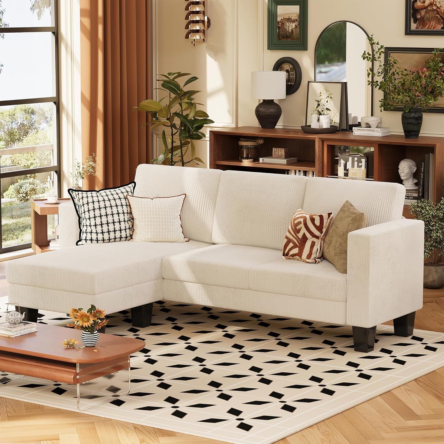 Convertible Sectional Sofa Couch, 3 Seat L-Shaped Sofa with Linen Fabric Ottoman Small Couch for Small Apartments, Living Room and Office (Corduroy, Cream)