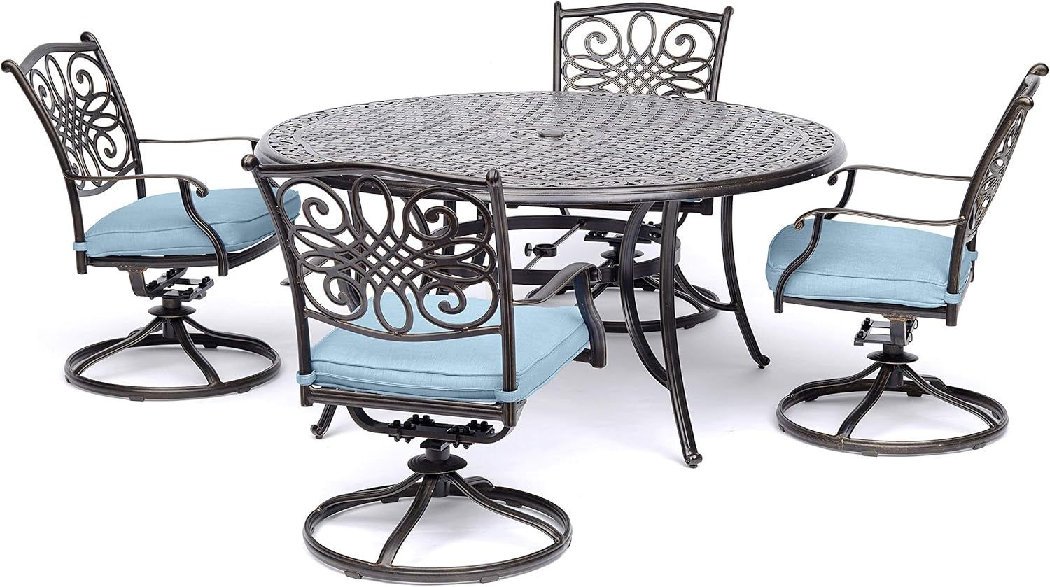 Traditions 5-Piece Rust Resistant Aluminum Patio Dining Set with Blue Cushions, Swivel Rockers and Aluminum round Dining Table, Outdoor Dining Set for 4