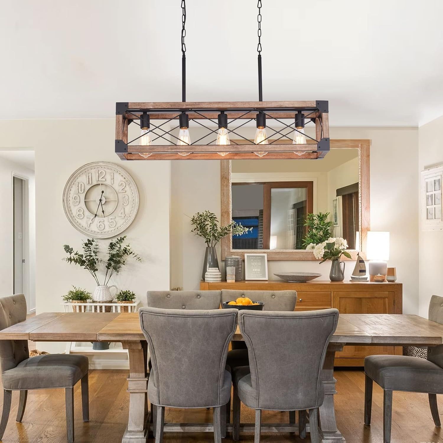 Farmhouse Kitchen Island Lighting, 5-Light Dining Room Light Fixture, Farmhouse Linear Chandelier with Solid Wood for Dining Room Kitchen Bar Pool Table