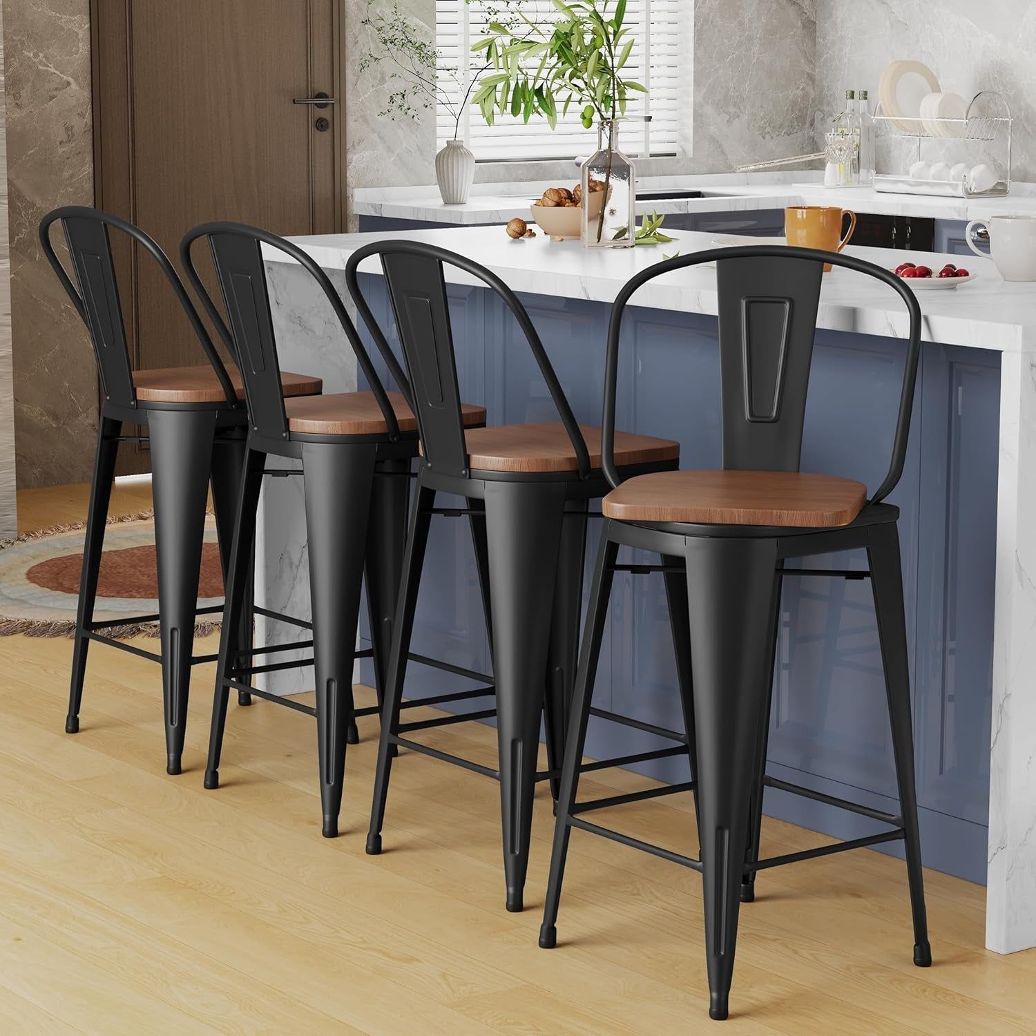 26&quot; Swivel Metal Bar Stools Set of 4 High Back Counter Height Barstools Industrial Dining Bar Chairs with Large Wooden Seat-Matte Black