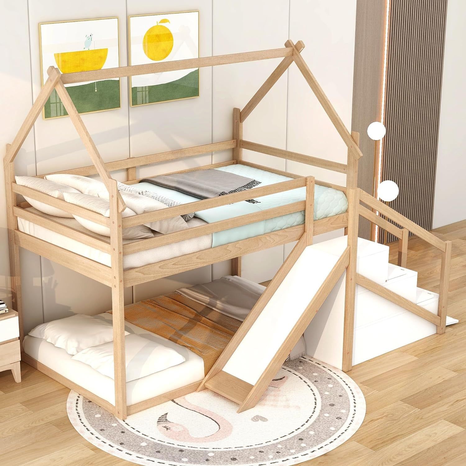 Twin over Twin Bunk Bed with Slide and Staircase, House Bunk Bed for Kids, Wood Loft/Bunk Bed Frame with Storage for Kids Teens Boys Girls, (Natural)