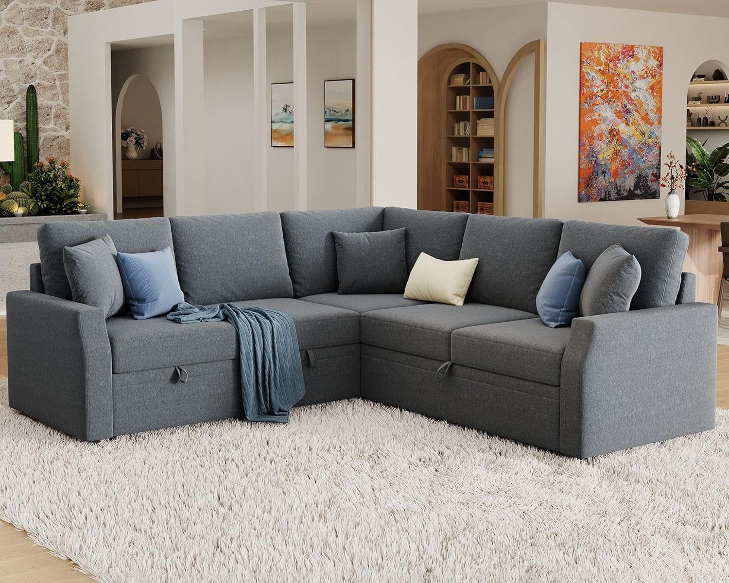 Grey Sectional Sofa Bed L-Shaped, 85&quot;, Storage