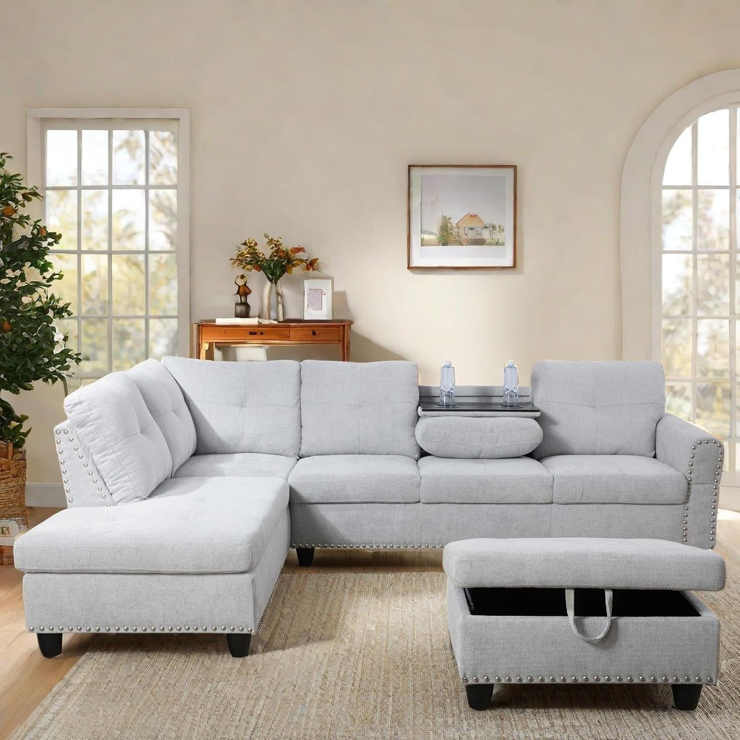 L Shaped Sectional Couch with Otttoman, 97&quot; Sectional Sofa for Living Room Flannel Modular Couches with Cup Holders for Bedroom, Apartments, Grey White