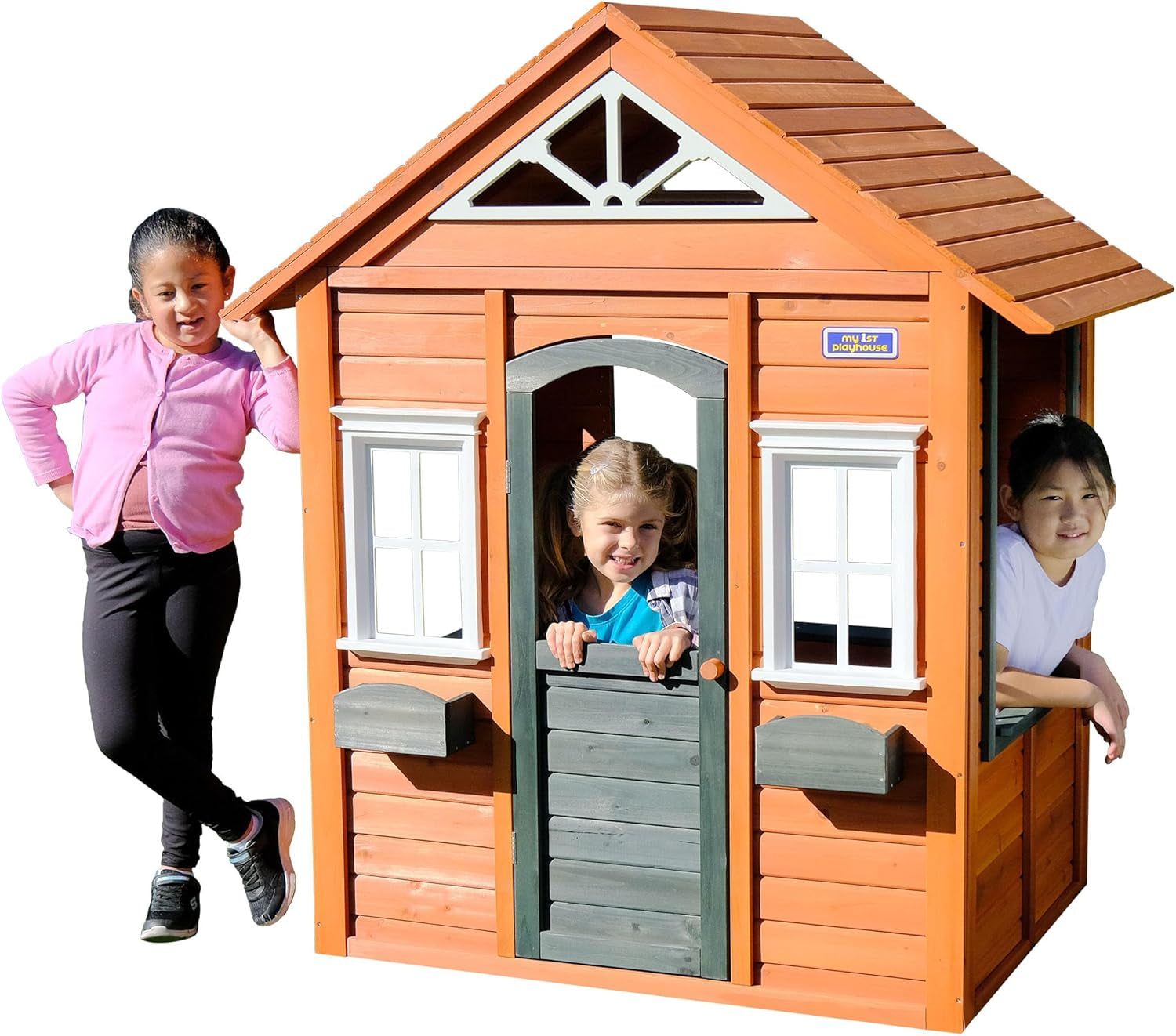 Wooden Playhouse with Door, Open Design, Flowerpots