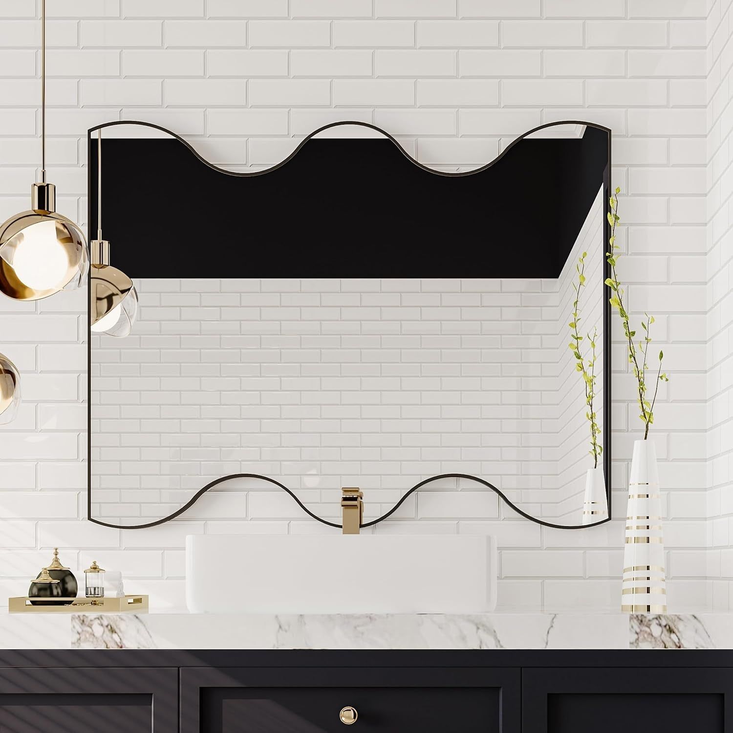 30X35 Inch Irregular Black Metal Framed Bathroom Mirror with Wavy Sides for Wall Decor in Bathroom, Living Room, and Bedroom