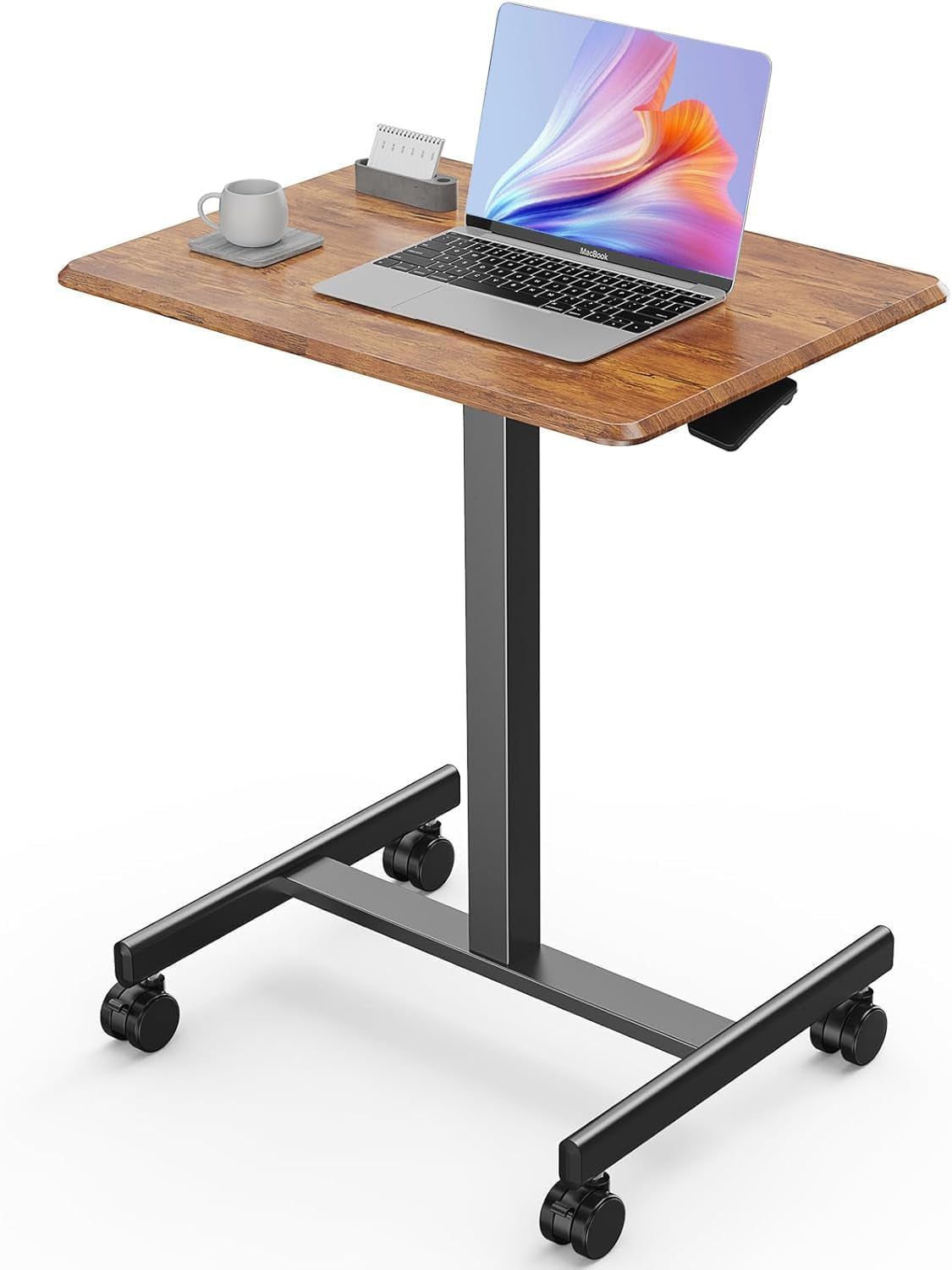 Mobile Small Stading Desk - Sit Stand Desk, Portable Rolling Laptop Desk with Lockable Wheels, Overbed Table with Wheels Adjustable Height, Computer Workstations, Brown