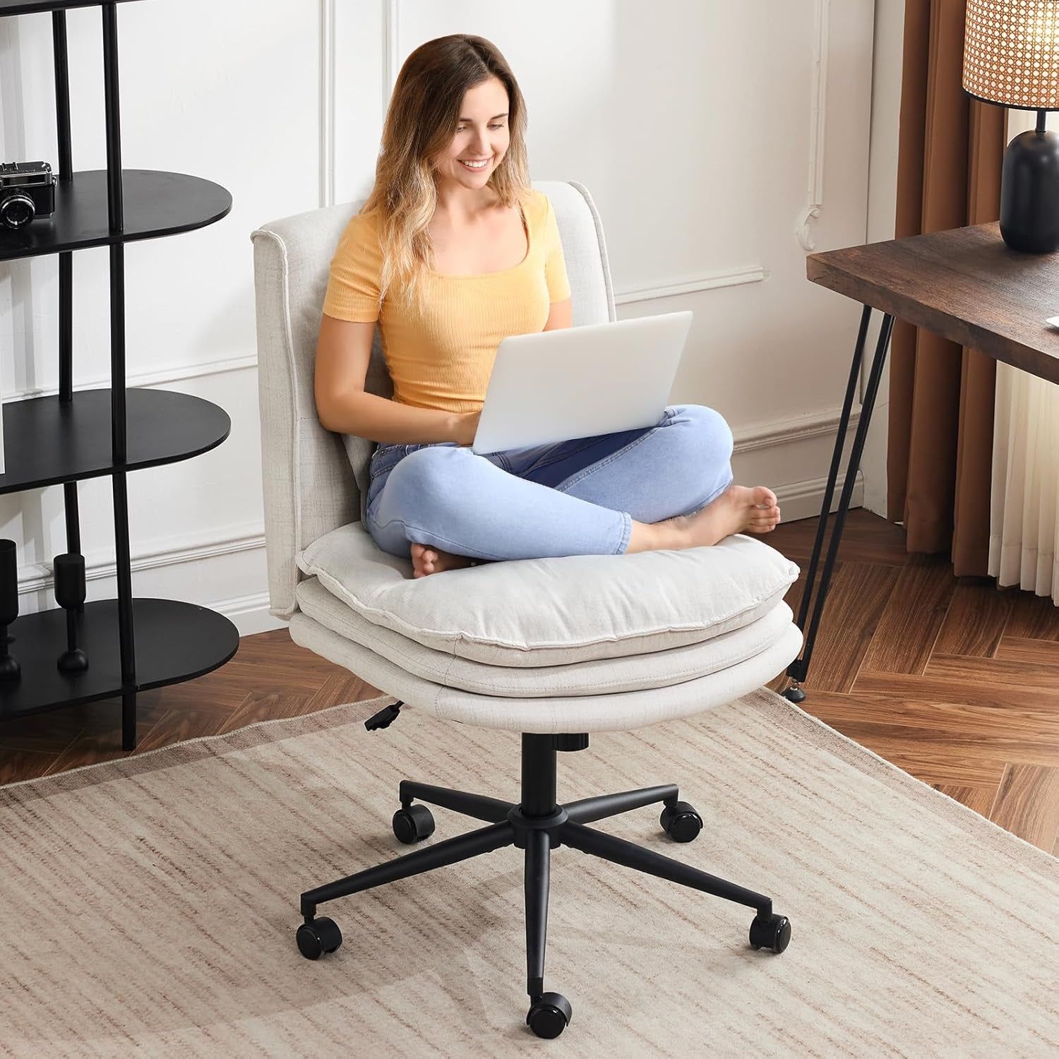 Cloud Criss Cross Legged Chair,18&quot; High Back Armless Home Office Desk Chair with Wheels,Wide Adjustable Comfy Padded Seat Task Computer Chair,Modern Swivel Makeup Vanity Chair,Fabric,Beige