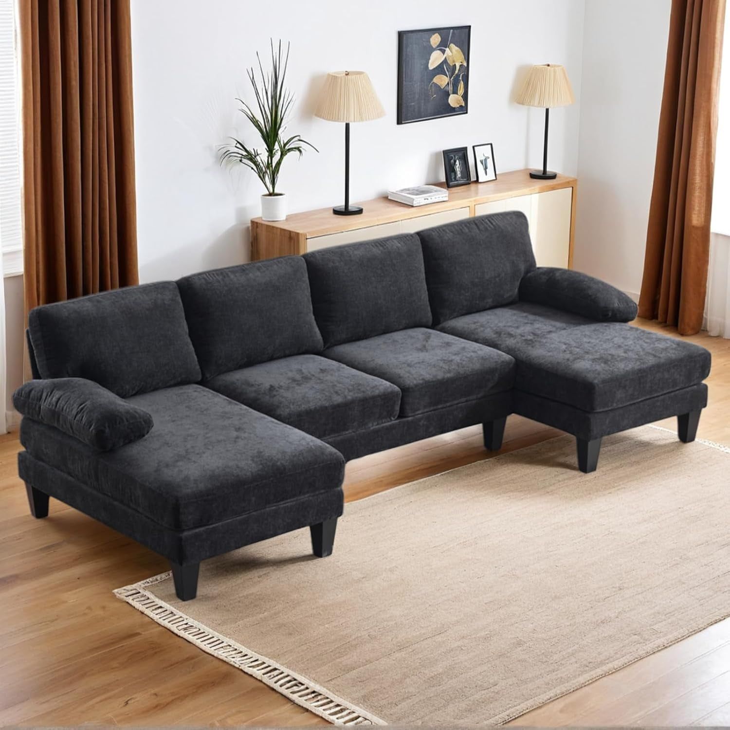 U-Shape Sectional Sofa Couch 111&quot; Modern 4-Seat Sofa with Chaises Chenille Fabric Upholstered Covertible Couch with Wood Grain Legs for Living Room, Reception Room, Apartment, Black