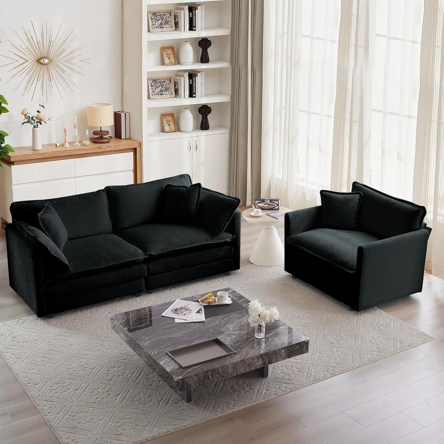Luxury 2 Piece Loveseat Couch &amp; Sofa Armchair Set, Modern Upholstered Chenille Cloud Couches Set Furniture with 5 Pillow for Living Room Bedroom Office Apartment, Black